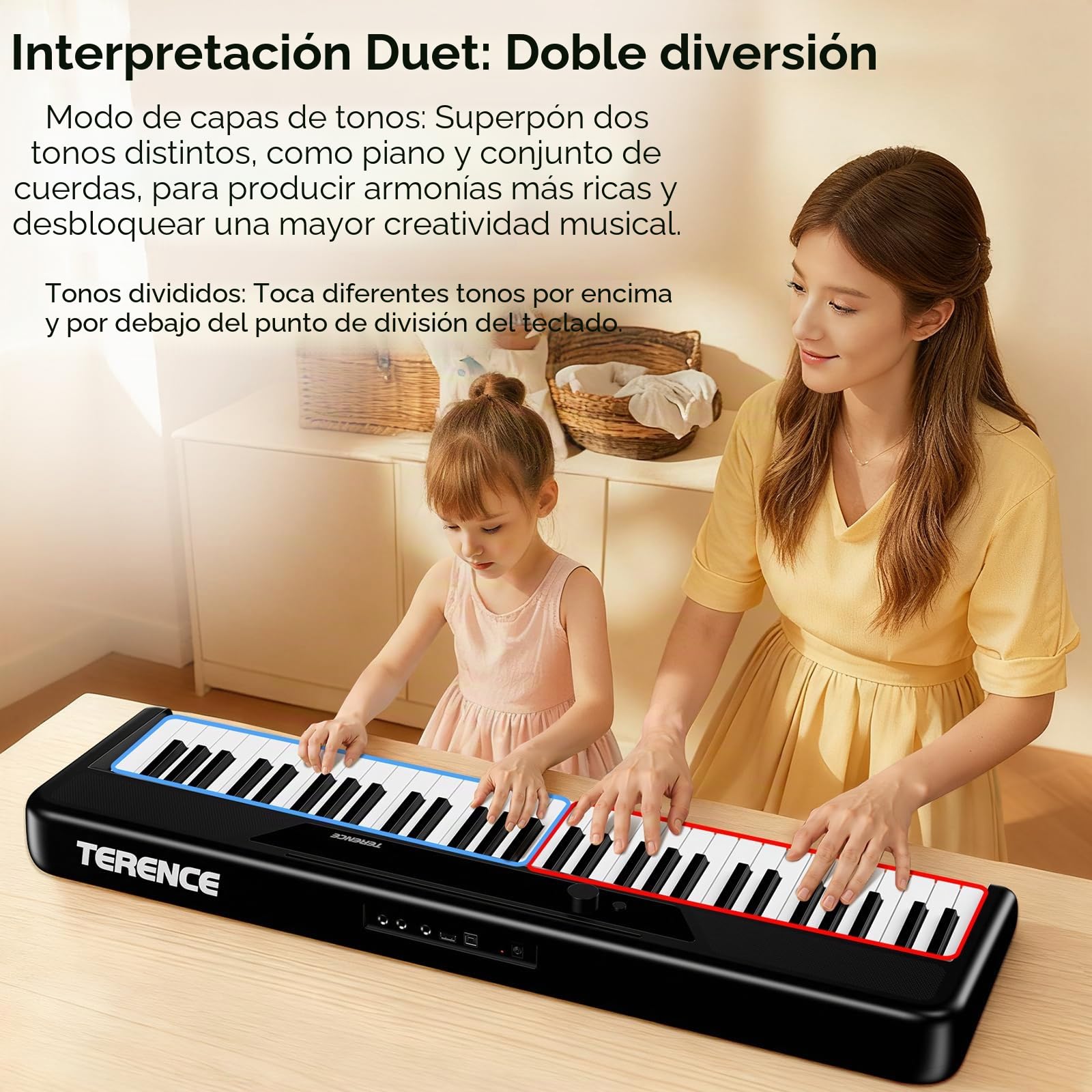 TERENCE - Piano electrónico de 61 teclas con soporte, 2 altavoces de 5 W, respuesta táctil, ideal para principiantes y adultos, portátil, MIDI, 128 sonidos