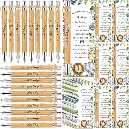 Miniatura 8 de Zhanmai Recuerdos de safari para baby shower, incluye bolígrafos de bambú y tarjetas de agradecimiento para baby shower, bridas plateadas,