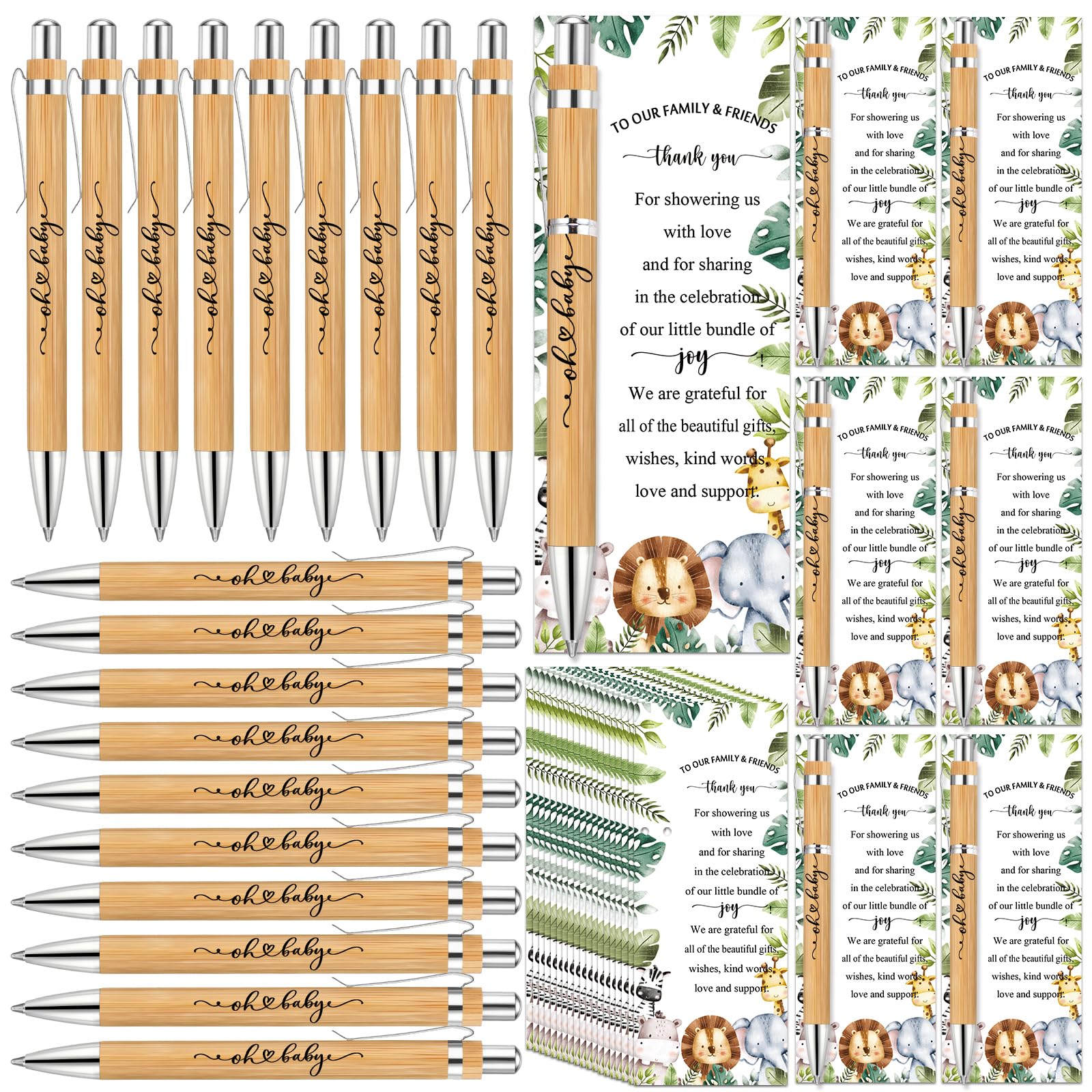 Zhanmai 25 Sets Safari Baby Shower Favors Includes Bamboo Pens and Thank You Cards Silver Cable Ties Jungle Safari Woodland Gender Reveal Decorations