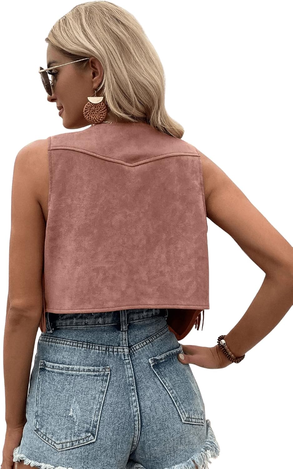 SweatyRocks Women's Suede Fringe Trim Sleeveless Crop Vest Jacket Button Front Coat