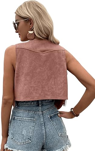 Vista 2 de SweatyRocks Chaleco corto sin mangas con flecos de gamuza para mujer, chaqueta con botones frontales