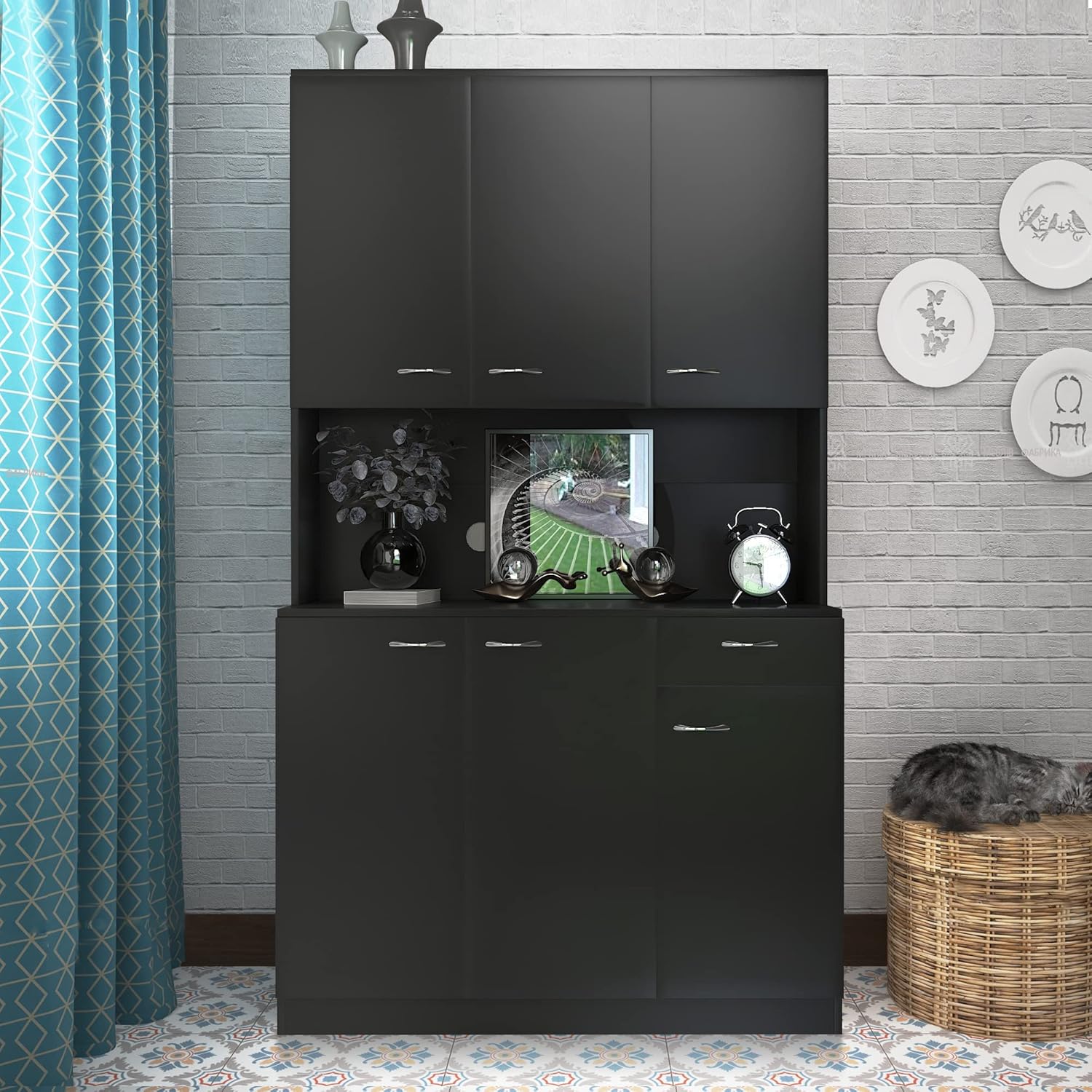 Large Kitchen Storage Cabinet, Cabinet Buffet Cabinet 71" Freestanding Kitchen Pantry Cabinet Cupboard with 6 Doors and 1 Drawer Versatile Wardrobe & Kitchen Cabinet, Black : Everything Else