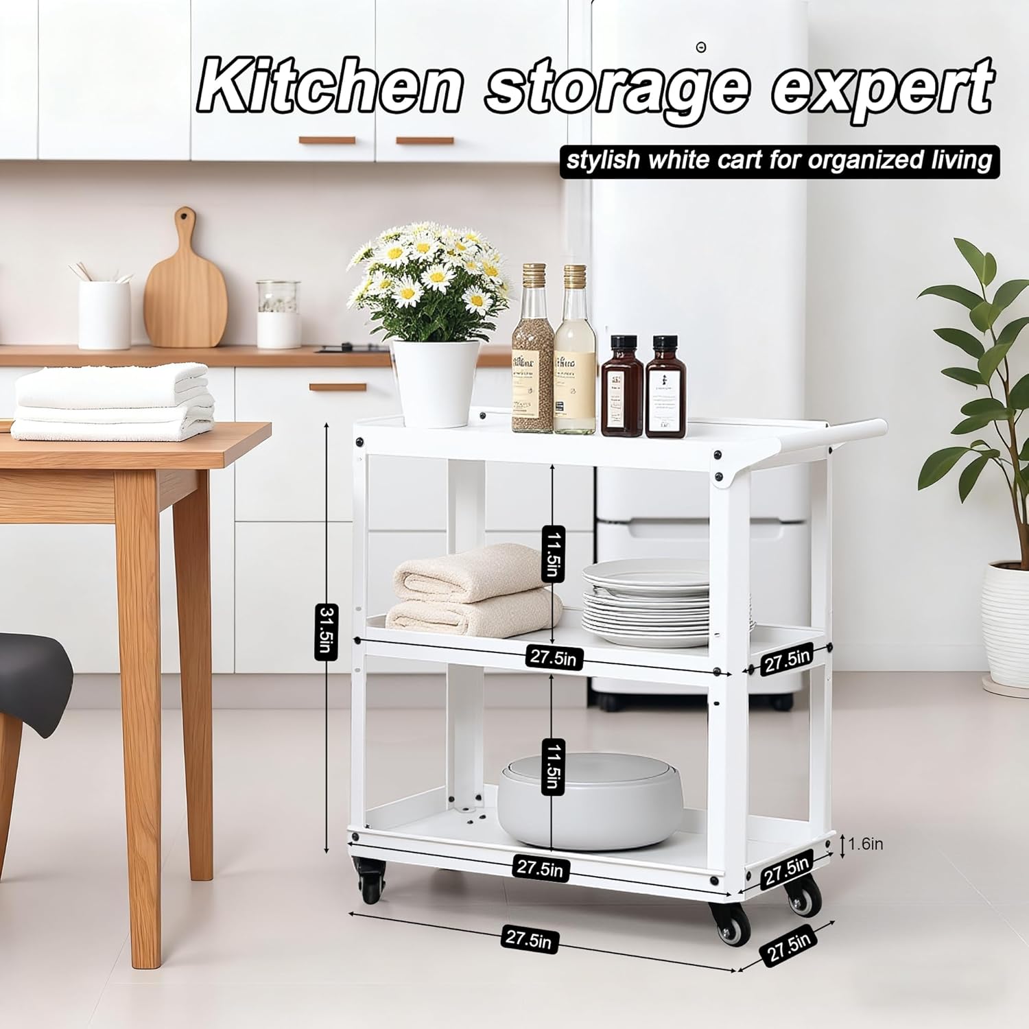 3 Tier Metal Utility Rolling Cart with Wheels, Heavy Duty Storage Organizer Trolley Cart for Kitchen, Bathroom, Office, Bedroom – Multi-Purpose 330Lbs Capacity Utility Cart on Wheels, White