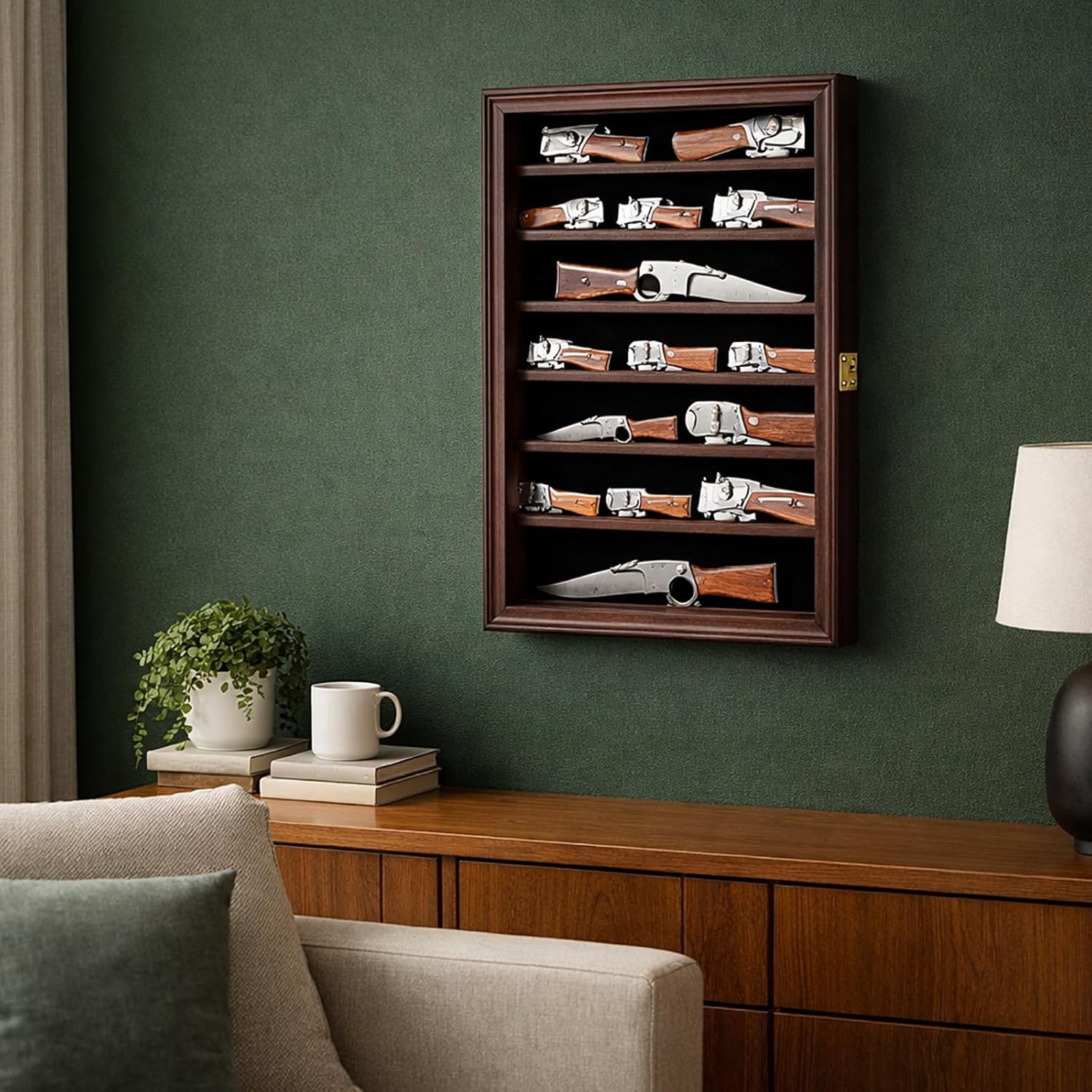 2 Pack Pocket Knife Display Case 7 Rows Lockable Military Folding Knife Stand Shadow Box Wall Cabinet Stand Holder with Removable Shelves UV Protection Acrylic for Wall Mounted Desk