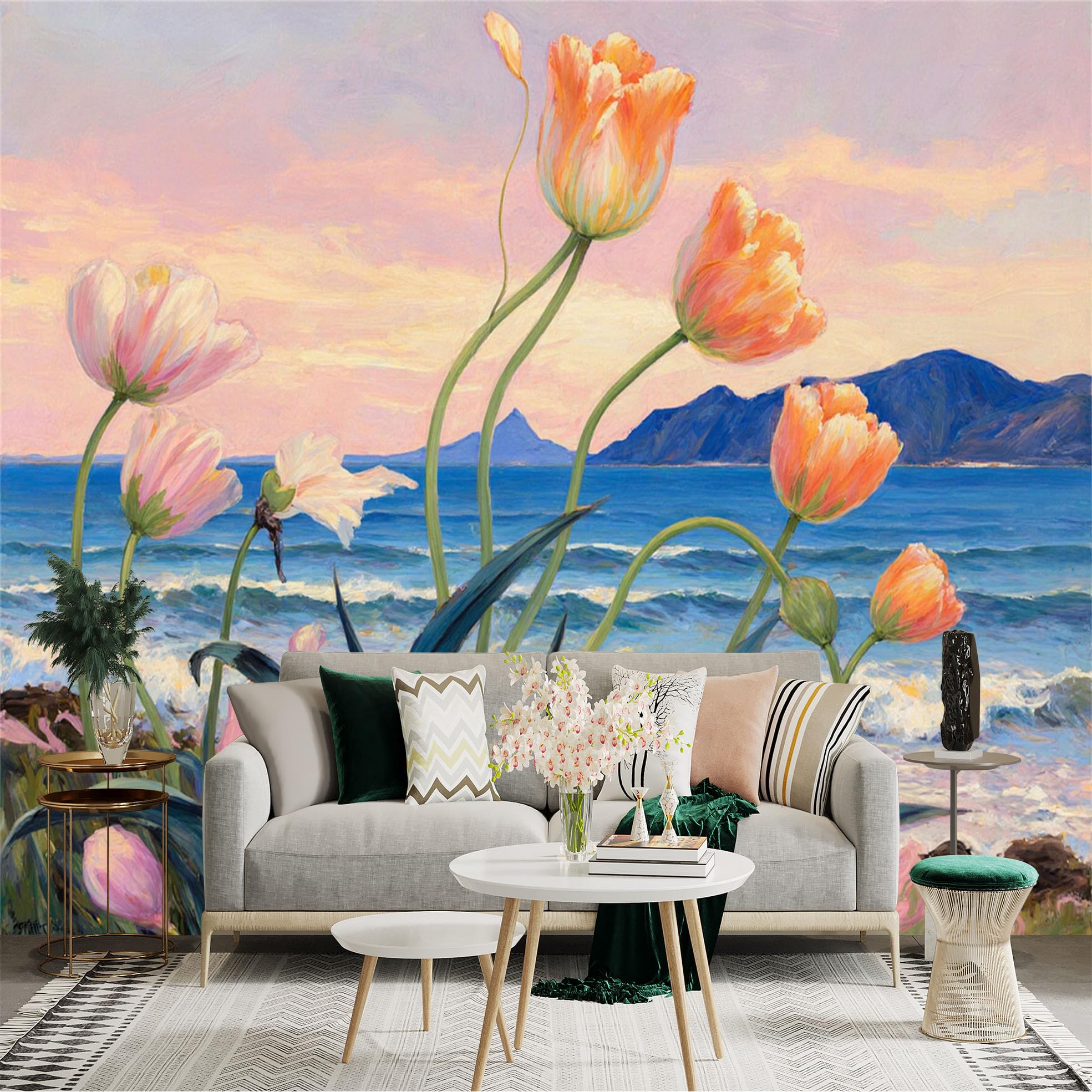 Custom Size Wall Sticker Mural， Ocean View with Blooming Flowers and Mountain Landscape Under Sunset Sky， for wall Decoration， peelandstick wall Decals.