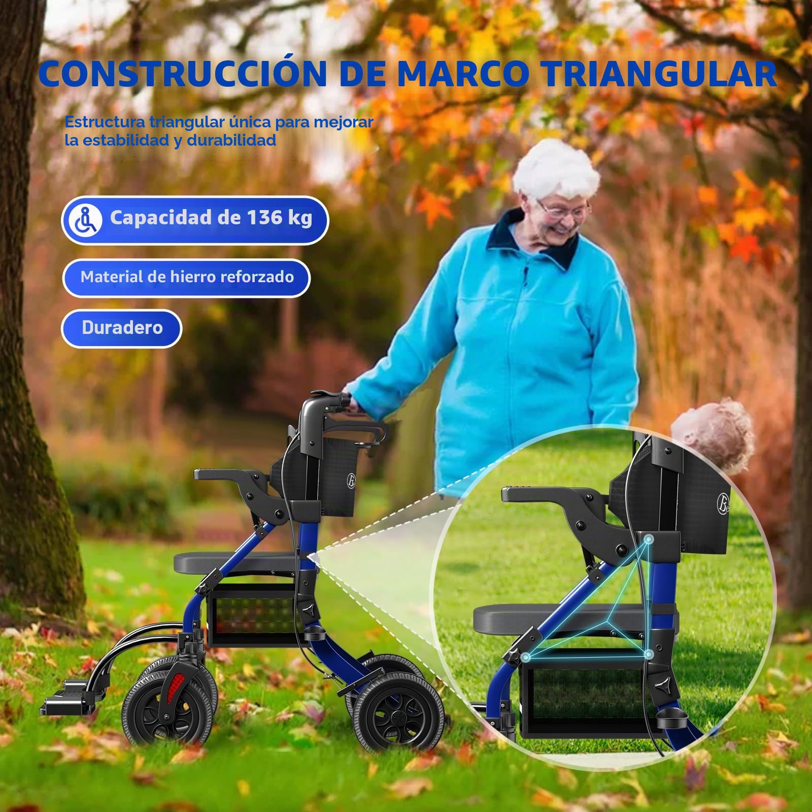 BeneCane 2 en 1 Rollator Plegable y Silla de Ruedas para Personas Mayores, Andador Ajustable en Altura con Asiento y Ruedas Antideslizantes - Ayuda para la Movilidad de Adultos