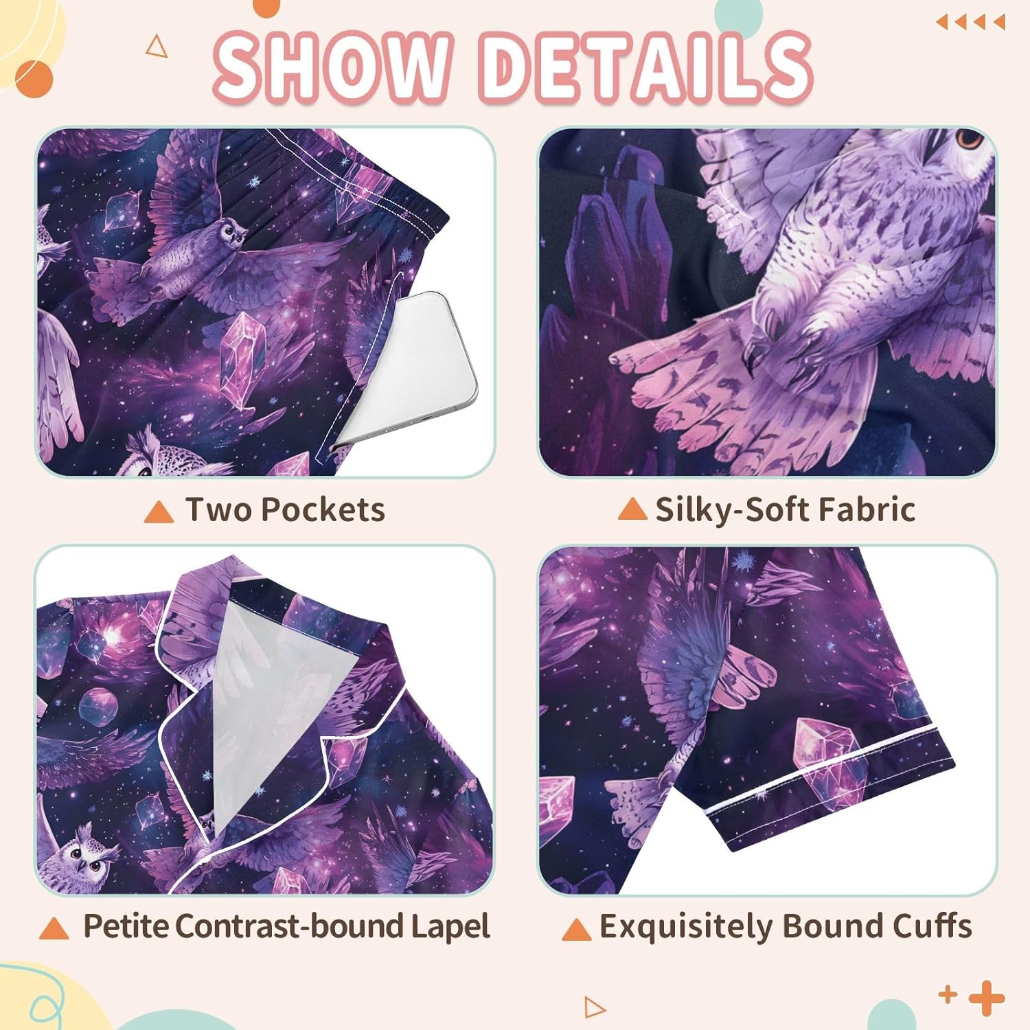 Kids Casual Satin Wear Set Dreamy Owl Pattern Unisex Short Sleeve Clothing for Relaxing