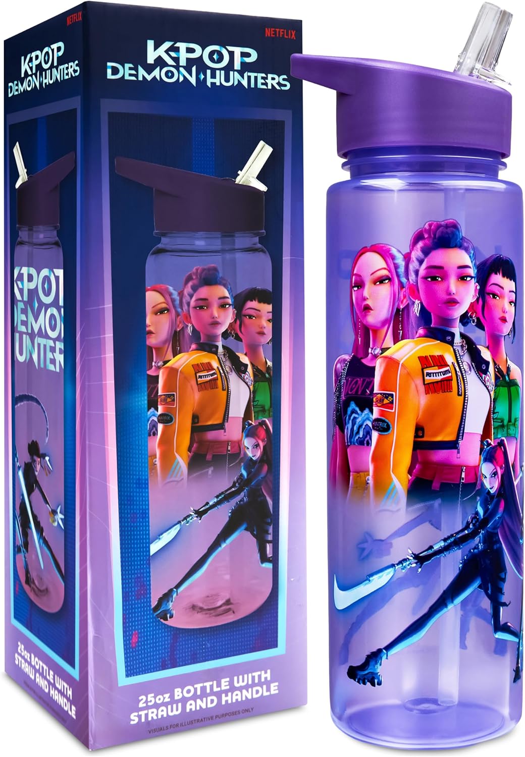 KPop Demon Hunters Officially Licensed Huntrix Water Bottle for Girls, 25oz Leak Proof with Straw Lid, Gifts for Girls