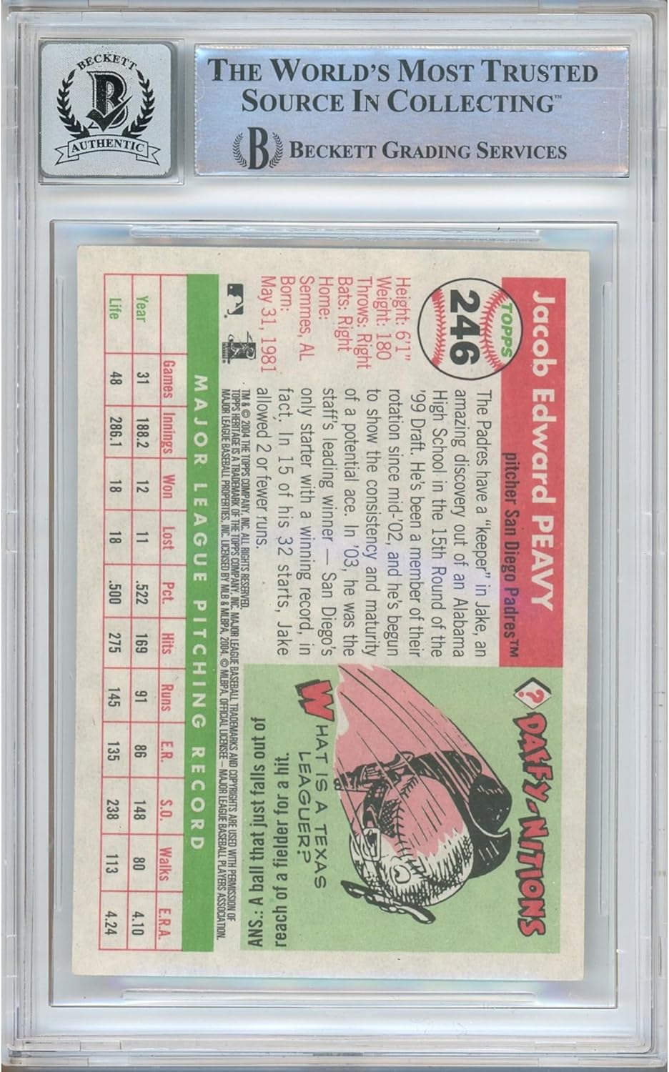 Jake Peavy Autographed 2004 Topps Heritage #246 Baseball Trading Card Beckett BGS Auto 10 Graded BAS Authentic Slabbed COA Played For San Diego Padres MLB