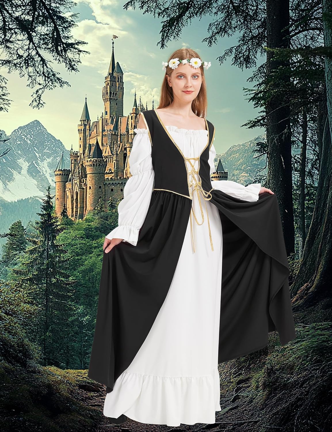 Renaissance Costume Women Medieval Dress Long Sleeve Black Red Green Chemise Overdress Wreath Halloween Cosplay Party