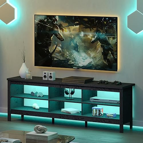 WAMPAT Soporte de TV LED para TV de 75 pulgadas con luz LED de 16 colores, centro de entretenimiento negro para TV de más de 65 pulgadas, mesa
