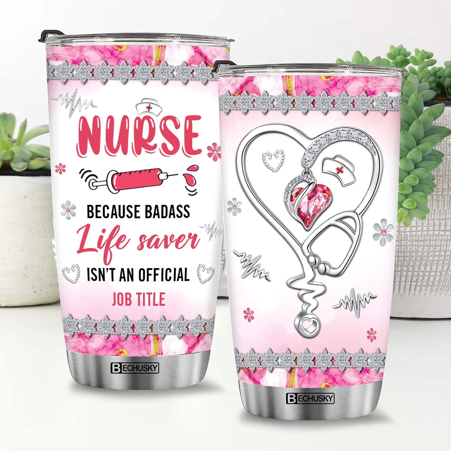 BECHUSKY Nurse Tumbler Because Life Saver Isn't An Official Job Heartbeat Stethoscope Jewelry 3D Tumbler Graduation Appreciation Gift For Woman Nursing RN LPN On Christmas Anniversary Birthday