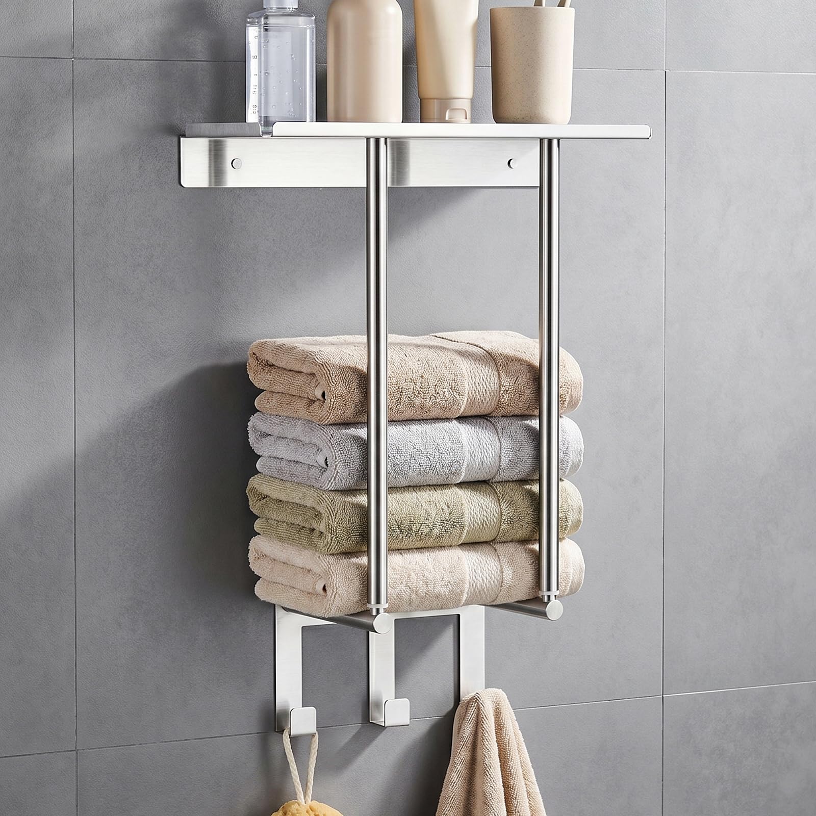 Adjustable double-tier towel rail and Towel Holder made of thickened 304 stainless steel. Extendable from 43-72cm