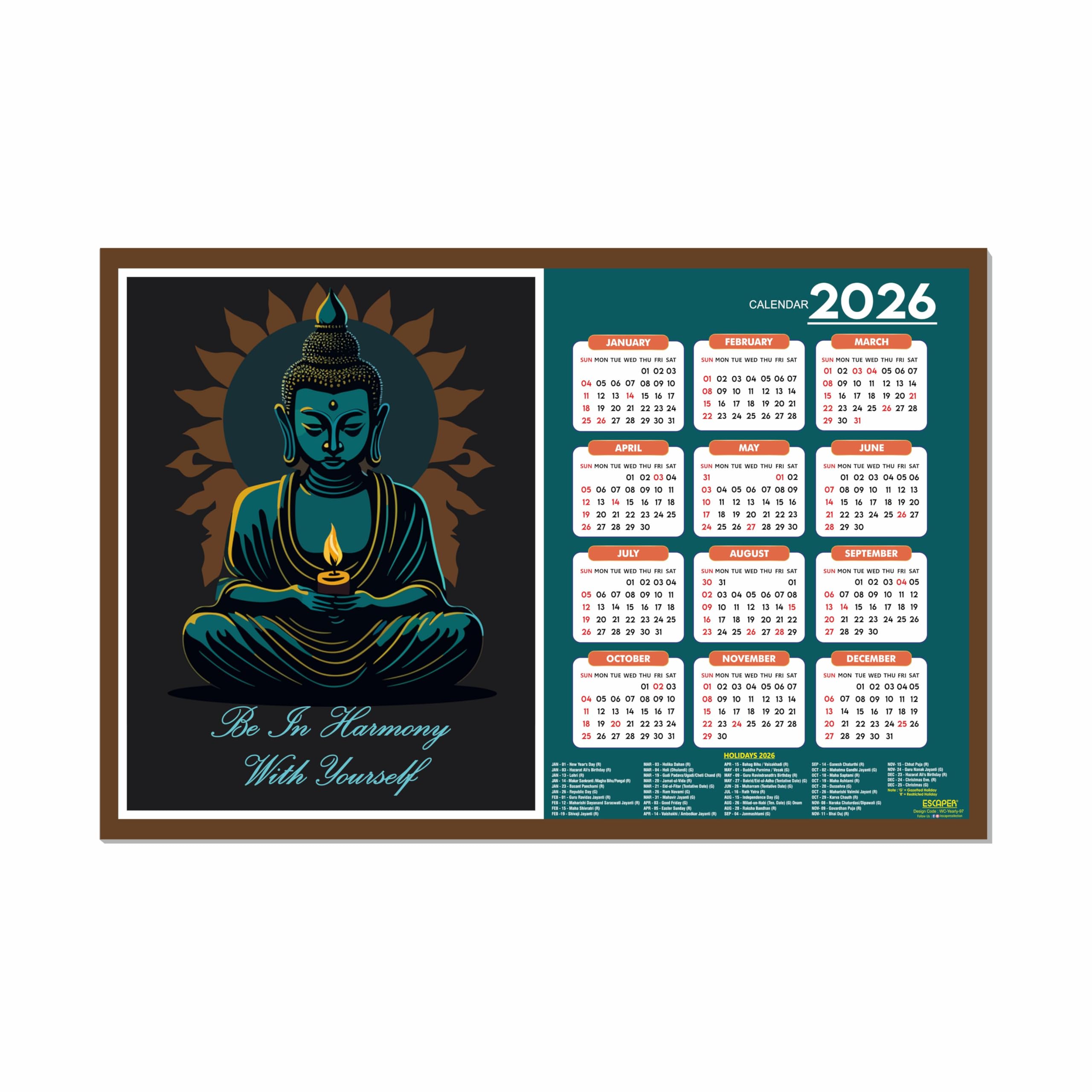 ESCAPER Buddha Yoga Wandkalender 2026 - 30,5 x 45,7 cm, Meditations- & Yoga-Wandkalender, Yogasana- & Asana-Diagramme, Yoga-Posen, Chakra-Inspiration
