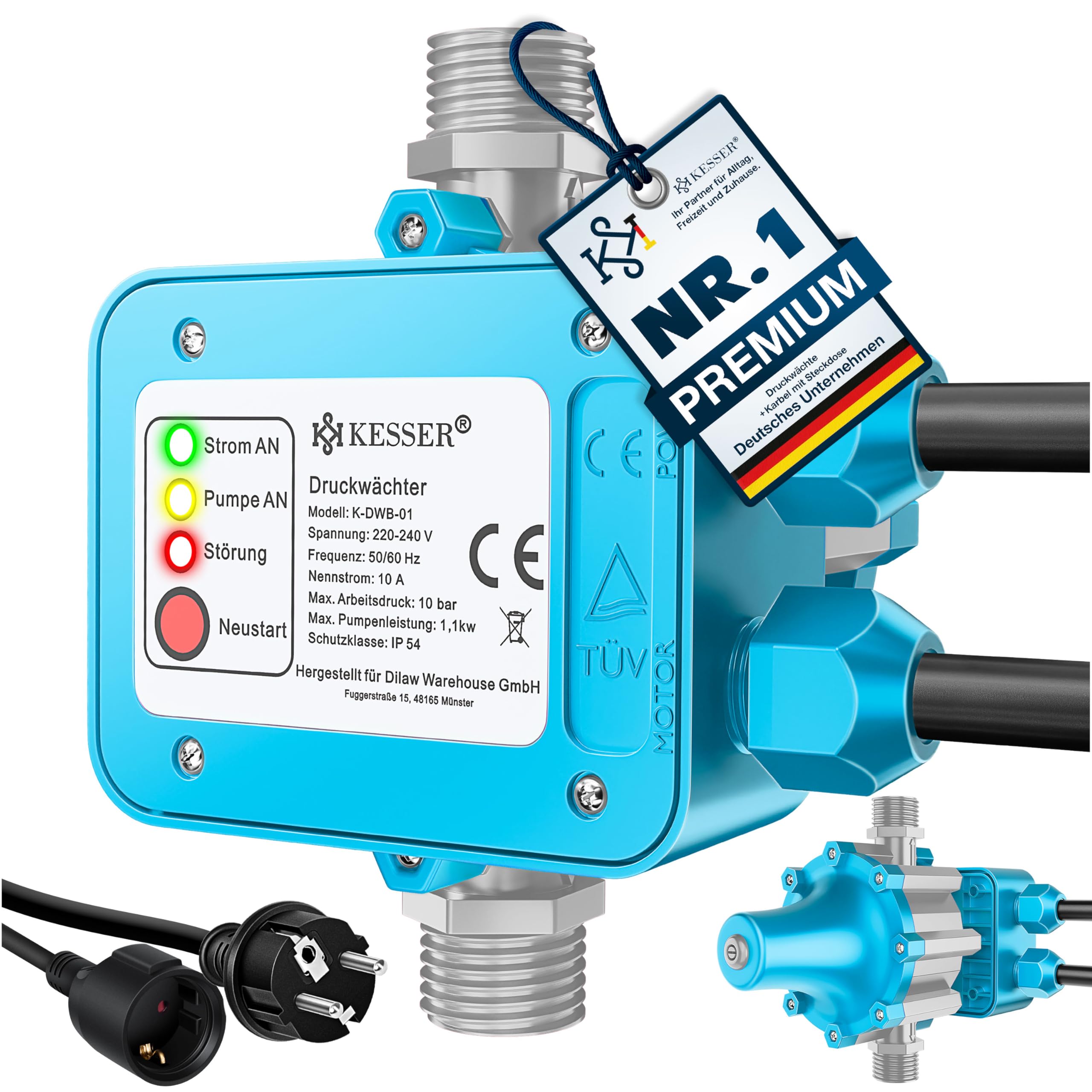 KESSER Drukbeveiliger drukschakelaar, 10 bar, pompbediening, huiswaterinstallatie, tuinirrigatie, met kabel, constante waterdruk, tuin en huis, automatisch in- en uitschakelen, blauw