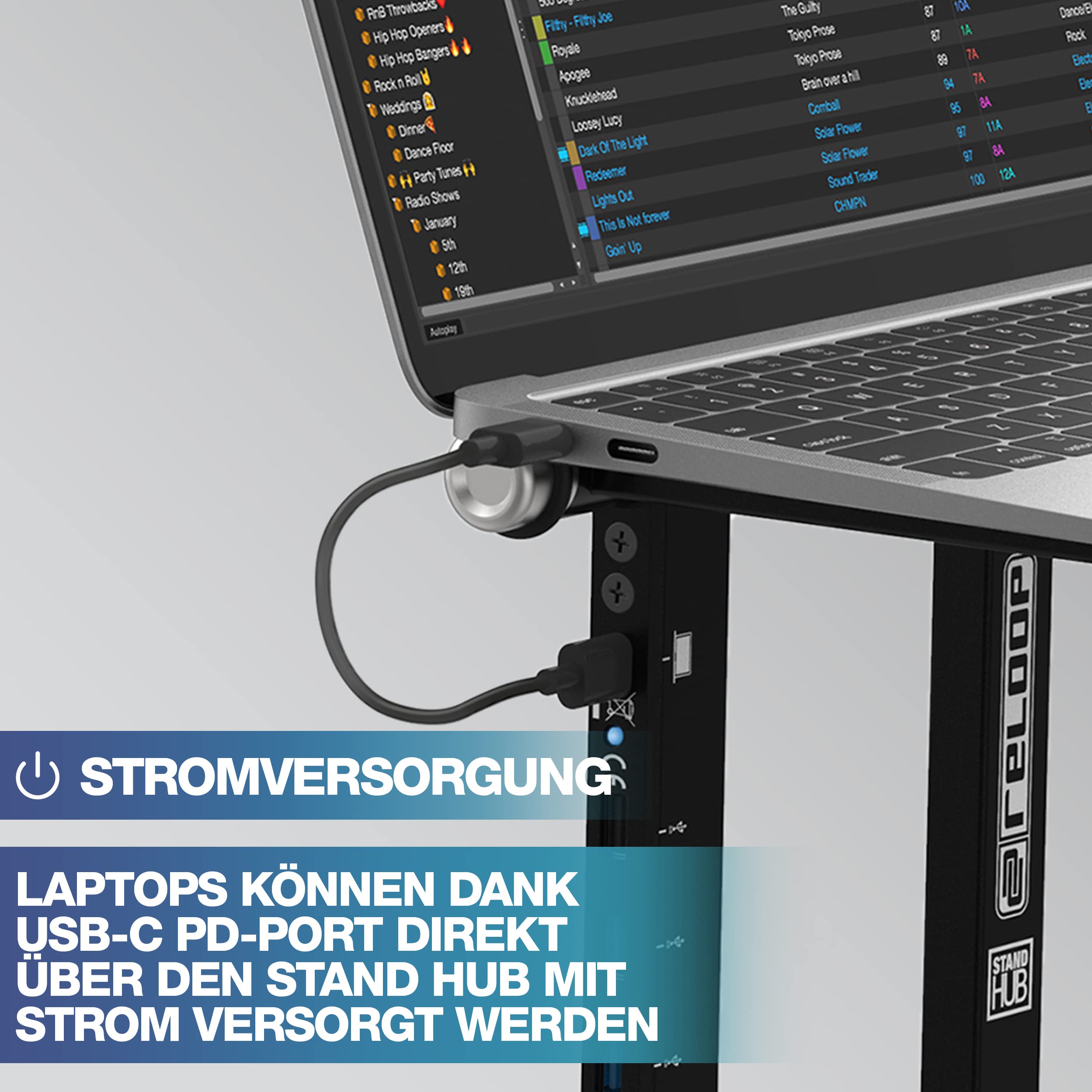 Reloop Stand Hub innovative Kombination aus Laptop-Ständer & fortschrittlichem USB-C-Hub mit PD-Unterstützung mit flexibler Aufbauweise mit 6 Positionen