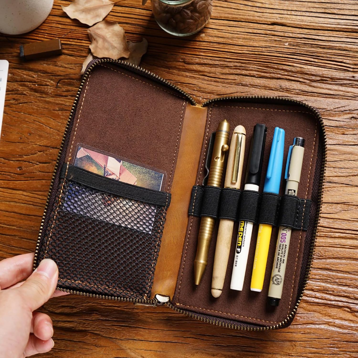 Leather Pencil Case Organizer with Zipper, Portable Pen Case Storage for Drawing Pencils and Markers (coffee)