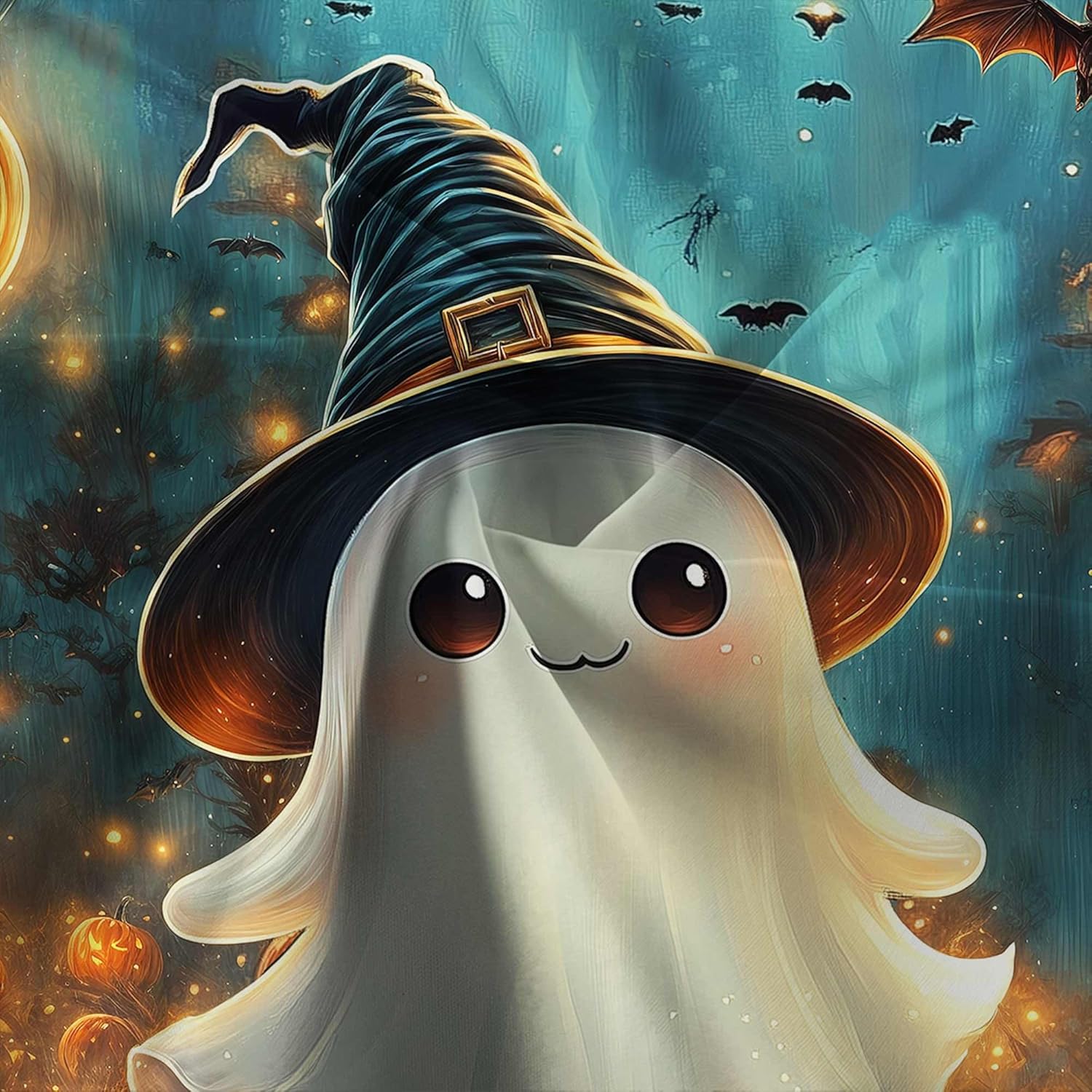 Halloween Ghost Shower Curtain, Cute Funny Ghosts Pumpkin Full Moon Shower Curtain Set for Bathroom, Gothic Scary Night Forest Bathtub Decor Accessories with Hooks, 70X85IN