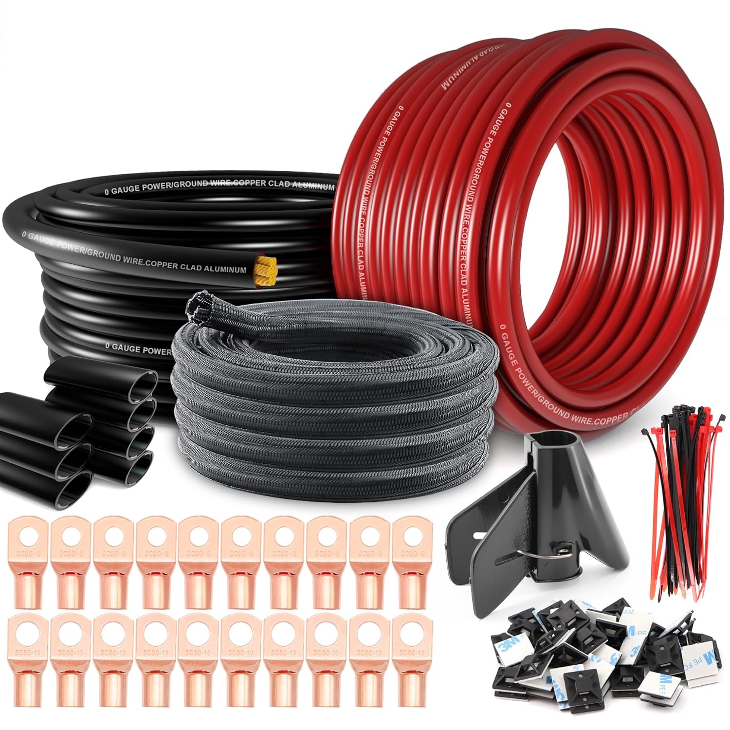 1/0 Gauge Wire(20ft Each - Red/Black) Copper Clad Aluminum CCA Automotive Wire with 40ft 1/2" Cable Sleeve - Ideal for Car Audio, Solar, Auto, RV, Marine Power & Ground Cables