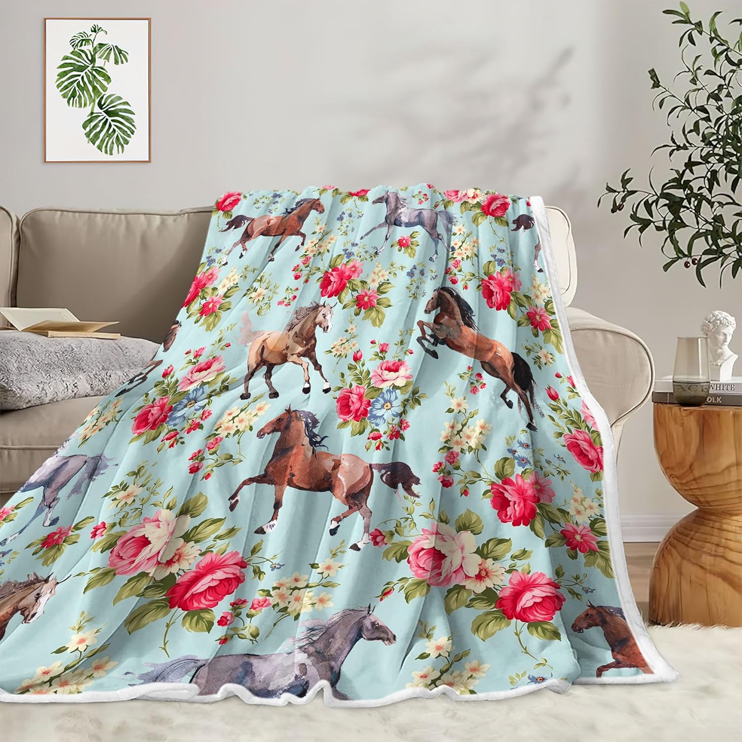 Horse Blanket, Horses Flowers Pattern Blankets for Girls Boys Kids Adults, Cozy Soft Flannel Horse Throws Blankets for Horse Lovers Decor Bed Couch Living Room Sofa, 60X80IN