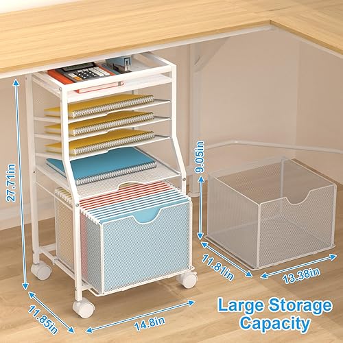 Miniatura 16 de Carrito de archivos rodante, organizador de archivos de escritorio de 6 niveles con ruedas con cerradura, tablones de madera marrón y cajón