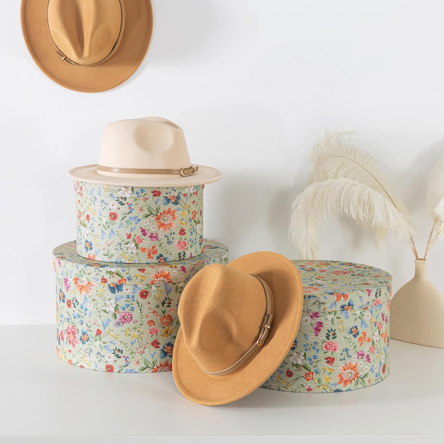Soul & Lane Botanica Bliss Green Round Hat Boxes with Lids - Set of 3 Nesting Cardboard Hat Storage, Boho Floral Print Cases, Circle Stacking Decorative Keepsake Boxes