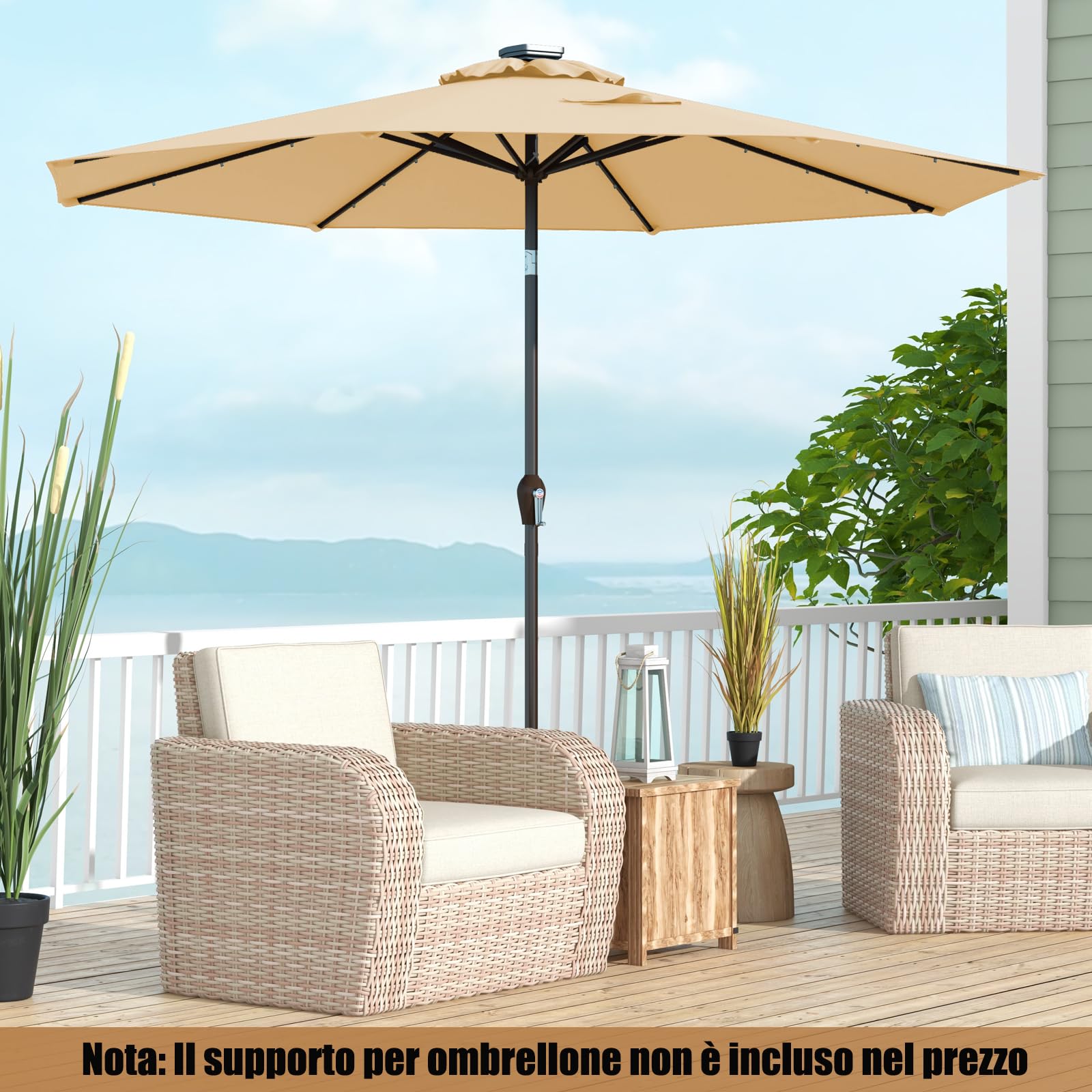 COSTWAY Ombrellone da Giardino da 300 cm, Parasole per Esterno con 24 Luci LED, con 8 Stecche in Metallo, Manovella e Inclinazione Regolabile, per Giardino, Coltile, Piscina (Beige)