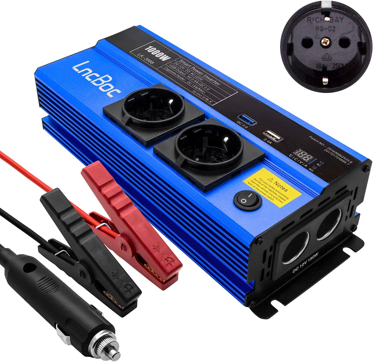 LncBoc Power Inverter for Car 1000W DC 12V to AC 220V 240V Converter with Charger Cigarette Lighter Socket + US Outlet Socket + 2 USB Ports Auto Adapter Pure Sine Wave Inverter