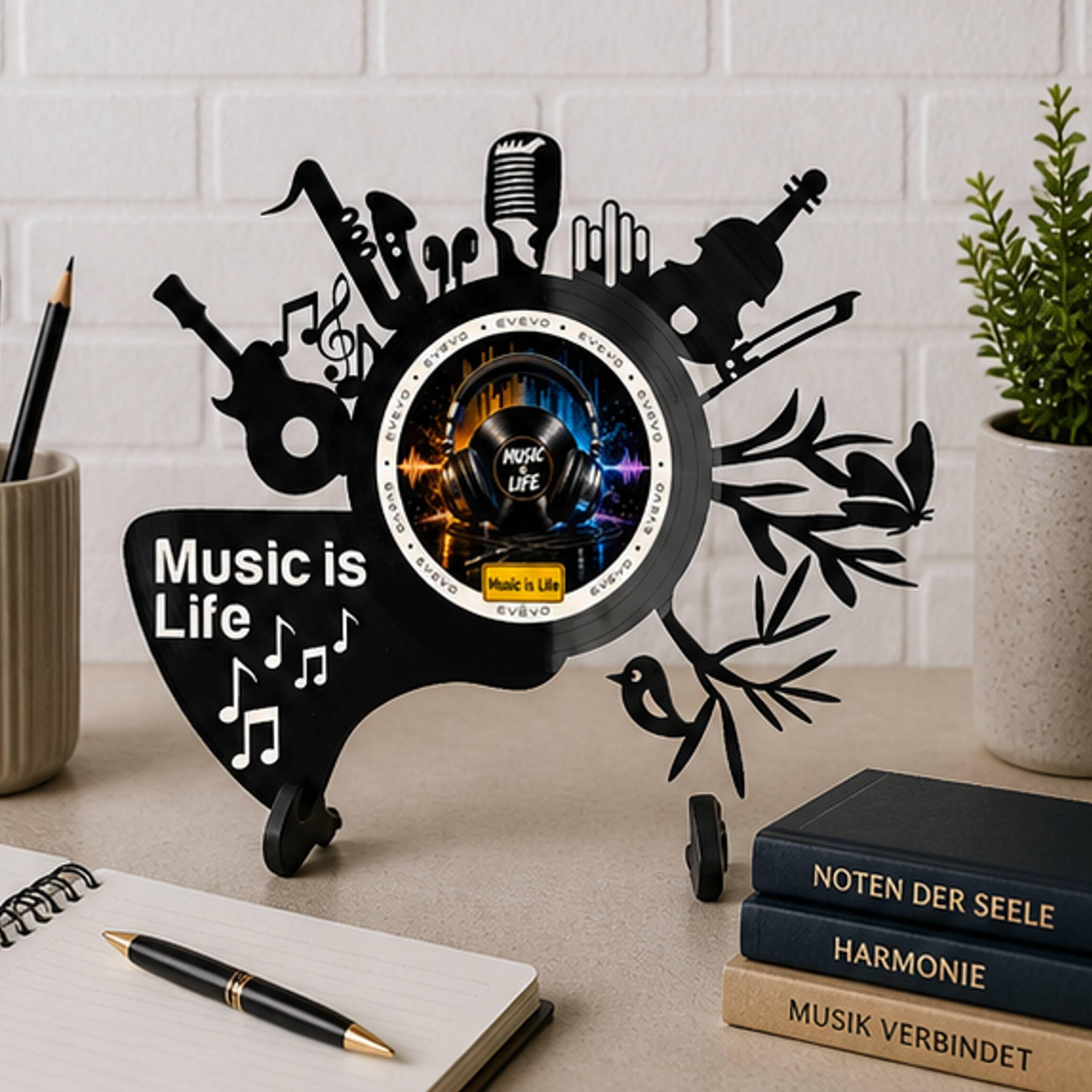 EVEVO Dekoracja ścienna z płyty gramofonowej Music is Life - winylowa sztuka ścienna, nuty prezent dla miłośników muzyki, muzyków, autorów piosenek, styl retro D0063