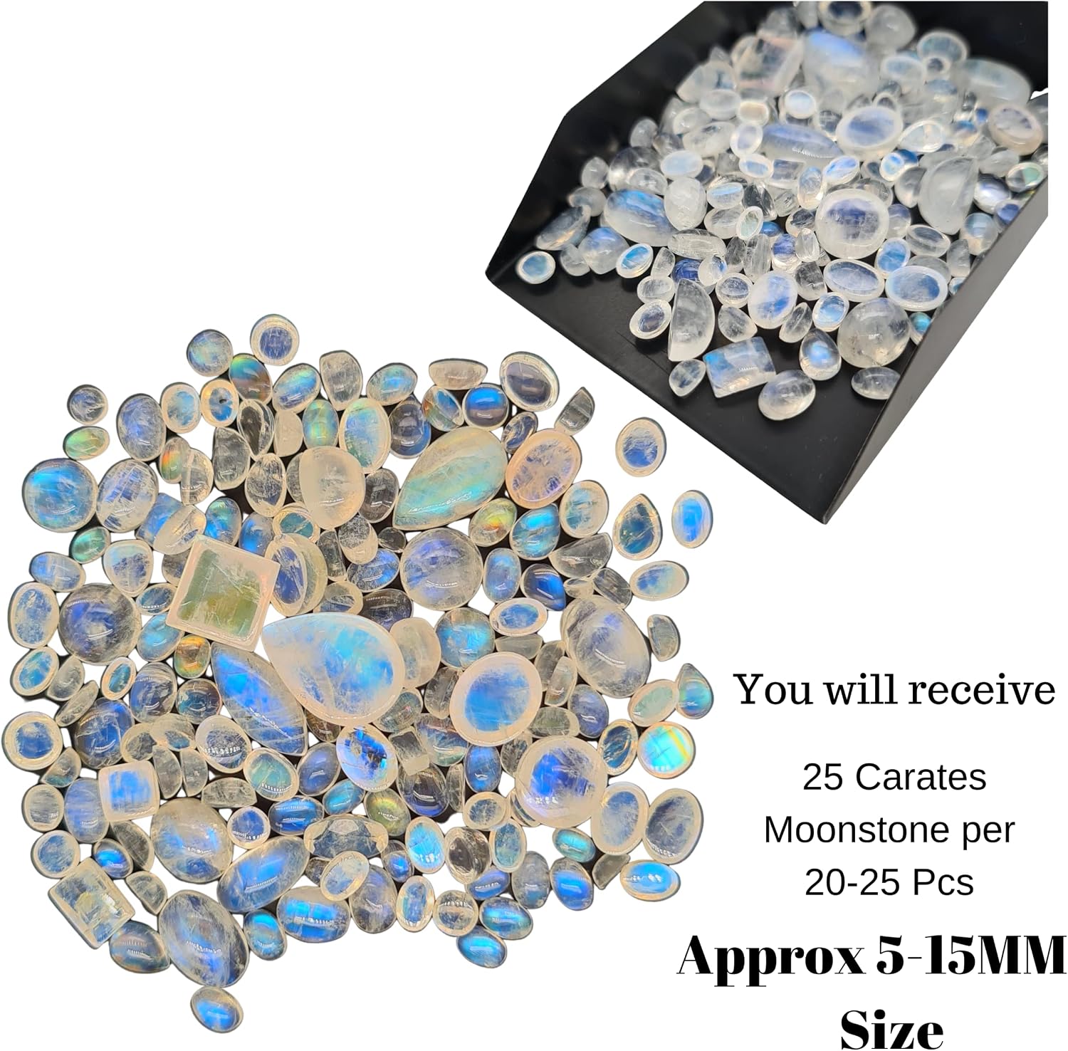 Natural Rainbow Moonstone Cabochon Gemstone, Blue Flash Moonstone loose gems, Mix Shape: Mix, Size: 4-16mm 25 Carats Wholesale Lots