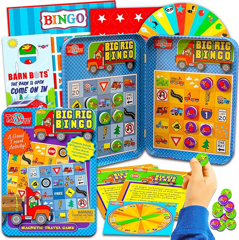 Game Party Road Trip Bingo for Kids Ages 4-8 - Magnetic Travel Bingo Set with Game Boards, Spinner, Pieces, and More