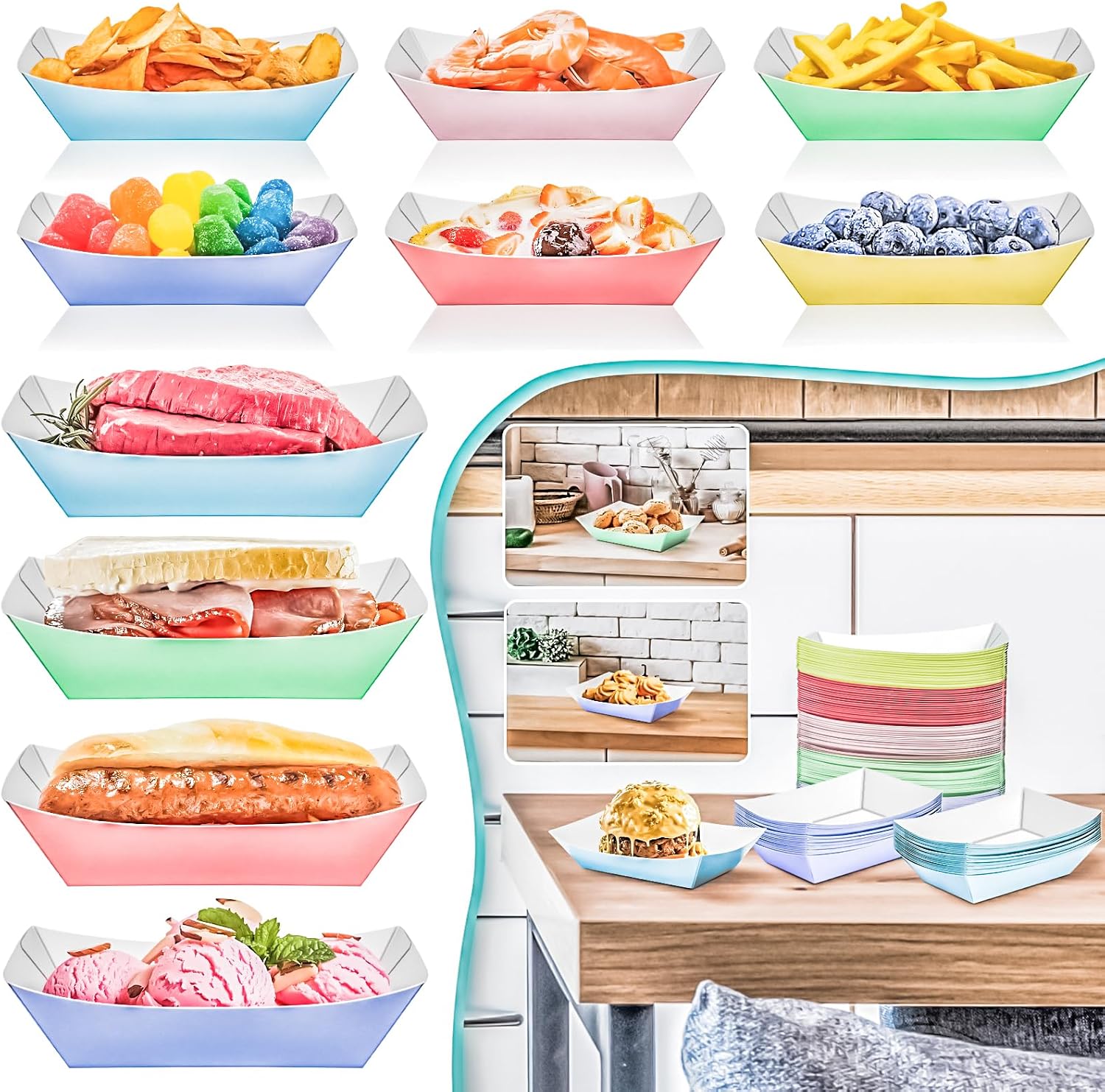 120 Pack 2LB Colorful Paper Food Boat Trays Disposable Paper Boats Containers, Colored Kraft Food Serving Boat Tray Basket for Snack Popcorn Sandwich Burger BBQ Hot Dog Taco Fries Nacho