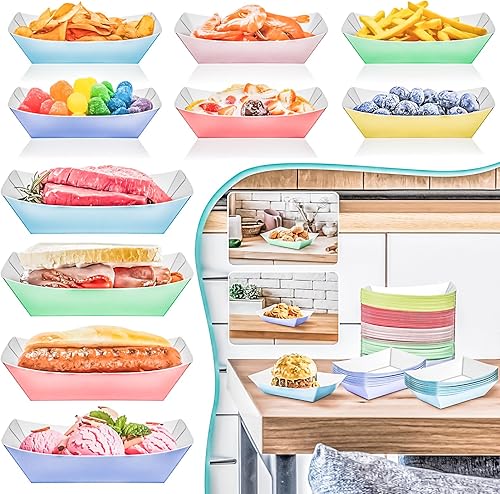 Miniatura 4 de MotBach Paquete de 120 bandejas de papel de colores de 2 libras, botes de papel desechables, botes de comida de colores para servir alimentos,