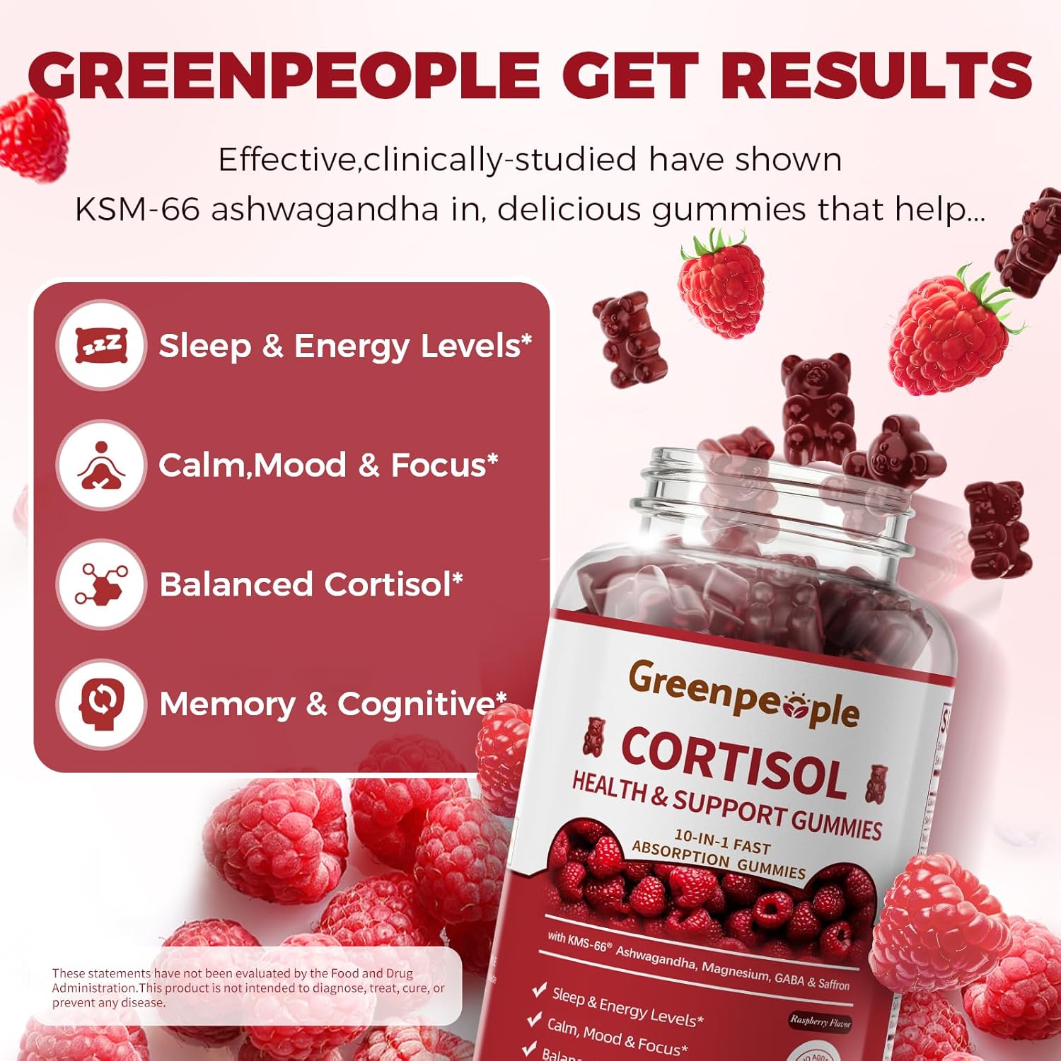 GREENPEOPLE Cortisol Supplements for Women & Men - Cortisol Reducer Detox Manager w/KSM-66 Ashwagandha/Magnesium/L-theanine/GABA/Vitamin B6 for Mood/Sleep/Stress Relief 60 CT Raspberry Flavor Gummies