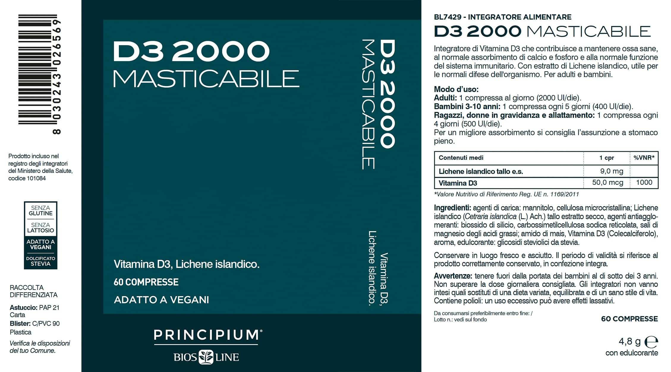 BIOS LINE Principium D3 2000, Integratore di Vitamina D3 con Lichene Islandico, Integratore Bambini e Adulti per Ossa e Denti, 60 Compresse Masticabili