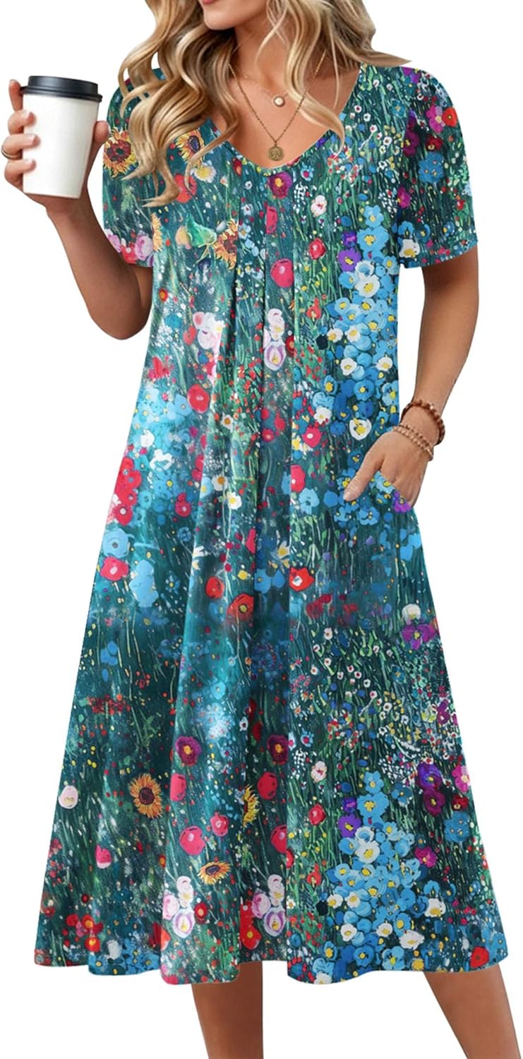 Zeagoo Summer Dress for Women Casual Floral Midi Sundress with Pockets V Neck Pleated Short Sleeve Aline Beach Vacation Dress