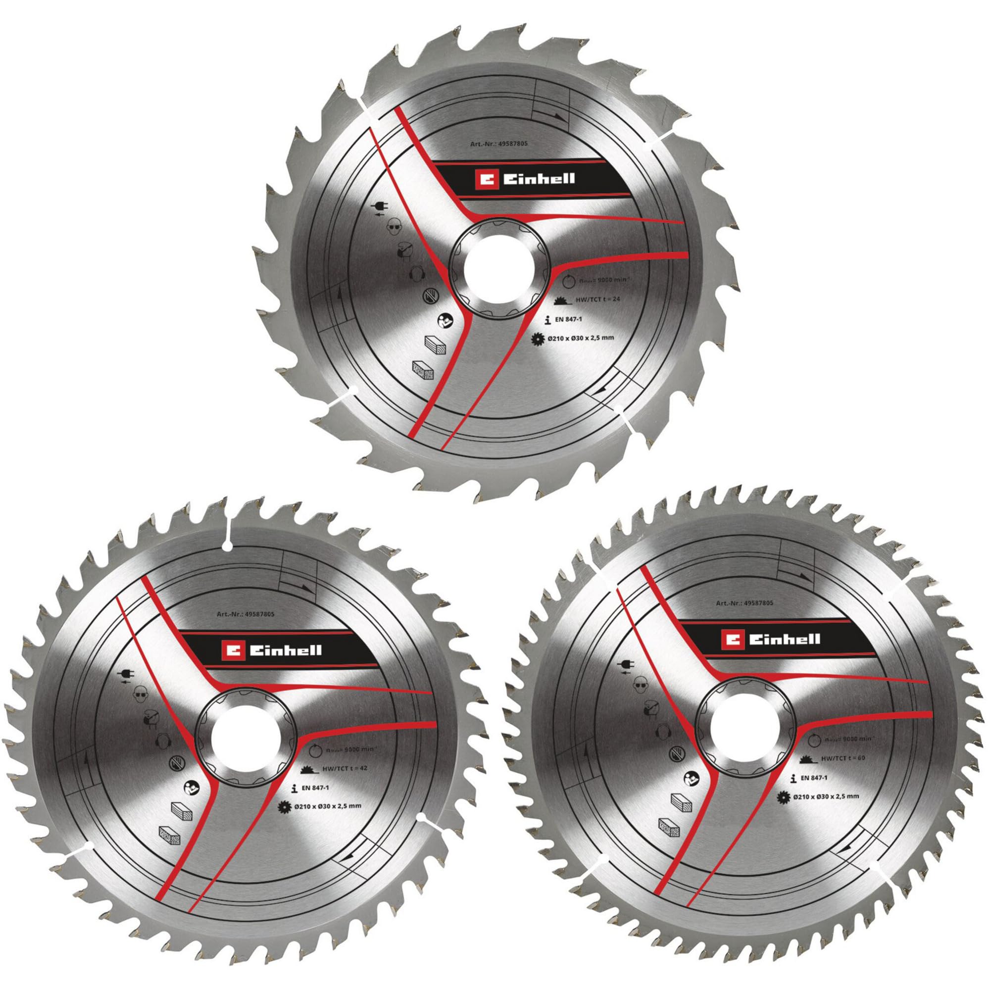 kwb by Einhell - Set di 3 lame per sega circolare, 210 x 30 mm, accessori per seghe (3 lame HM, diametro 210 x 30 mm, 1 x 24 Z, 1 x 42 Z, 1 x 60 Z, adatto per seghe circolari Einhell e troncatrici a