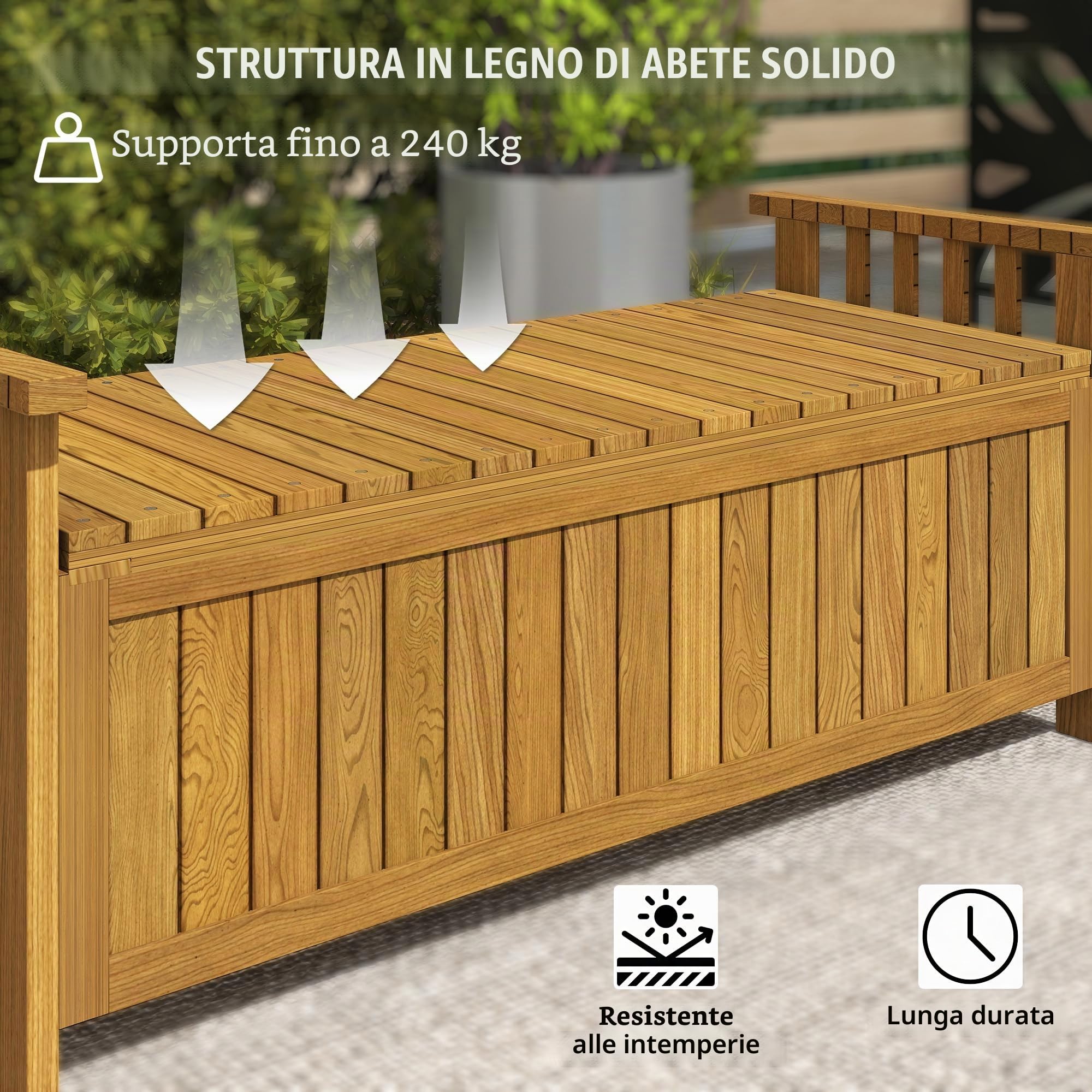 Outsunny Panchina esterno legno con cassetto 128,5x52,1x53,6 cm marrone | Cassetta da ingresso da 40 galloni, braccioli, panca contenitore, per patio, giardino, balcone.