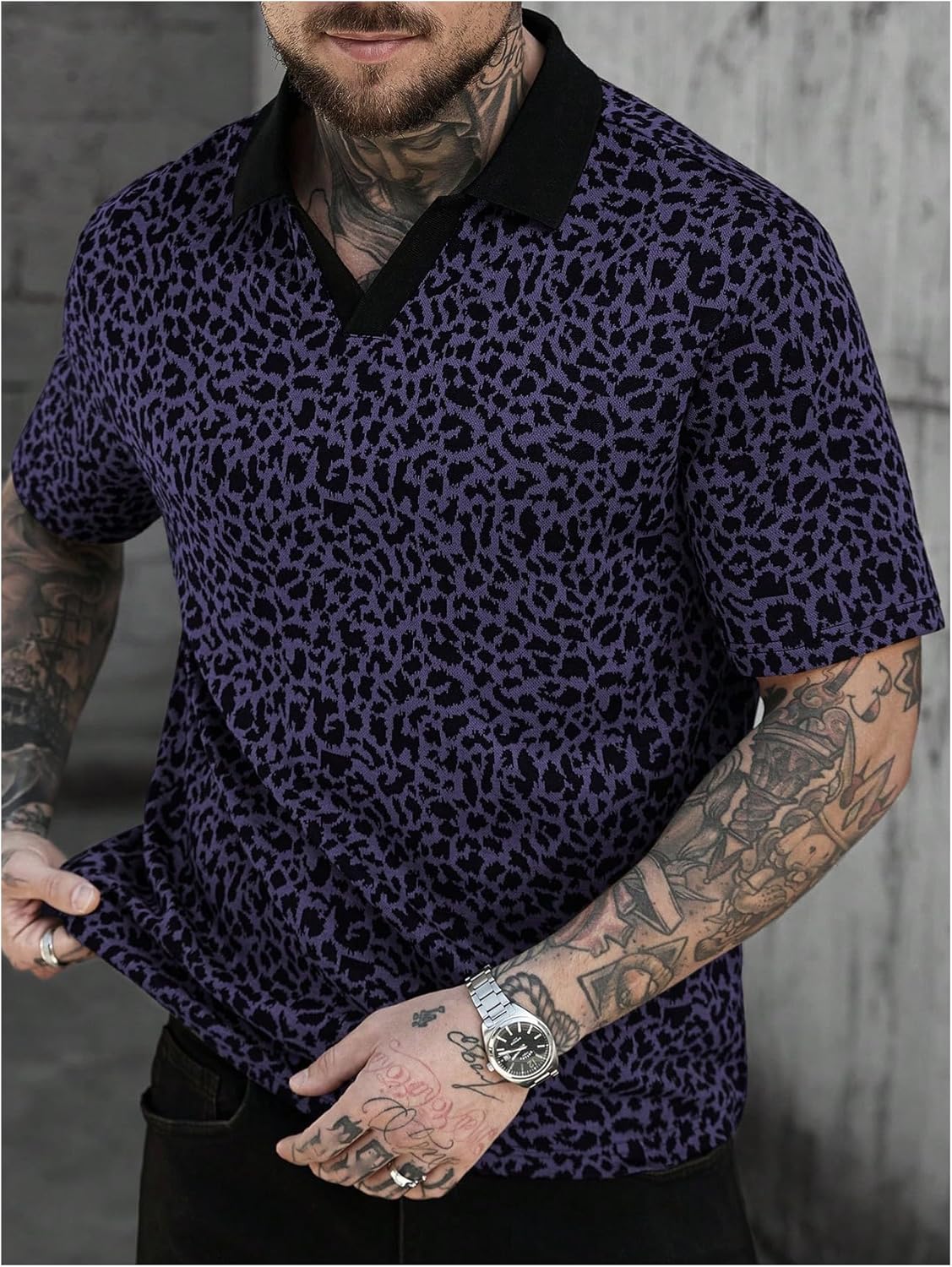 SOLY HUX Men's Leopard Golf Shirts Cheetah Print Collared V Neck Short Sleeve Summer Casual Shirt