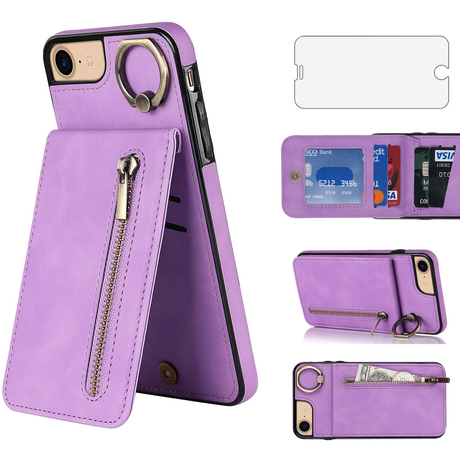 Asuwish Phone Case for iPhone 7/8/SE 2020/2022 Wallet Cover with Screen Protector and RFID Card Holder Ring Cell iPhone7 iPhone8 7s 8s i SE2020 SE2022