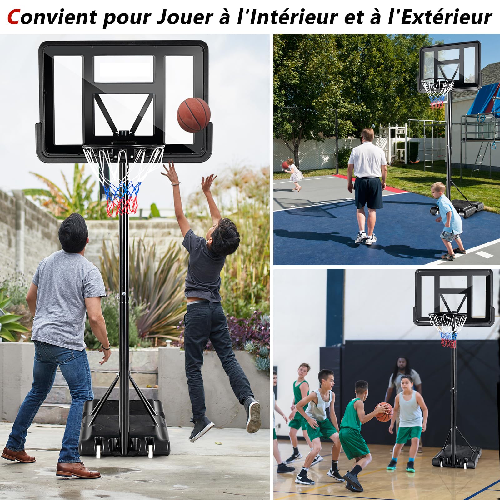 GYMAX Panier Basket Extérieur pour Enfants Adultes, Hauteur Réglable 130-305CM, Mobile Portable avec Roues, Base Stable Remplissable, Panneau Anti-bris