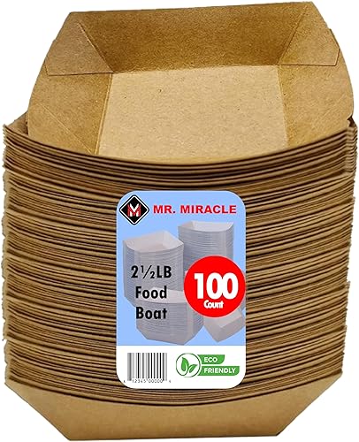 Bandejas de papel para alimentos, botes blancos lisos. Mediano (2.5 libras). Paquete de 50 botes desechables y reciclables. Para condimentos,