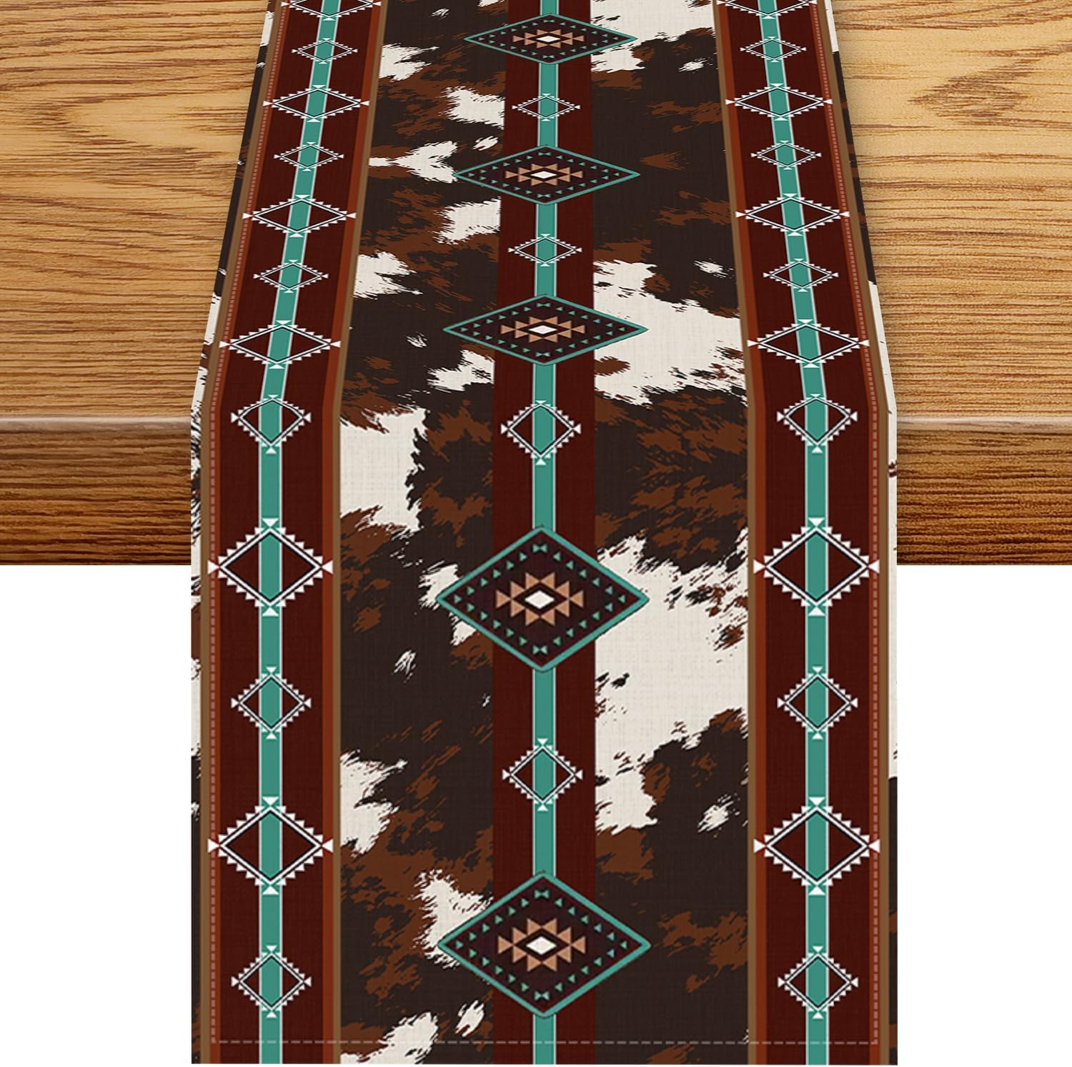 Western Table Runner, Farmhouse Vintage Cow Print Teal Aztec Southwest Skin Cowhide Tribal Cottage Coffee Table Center Decor for Family Kitchen Outdoor Holiday Party Table Decorations, 13"x108"