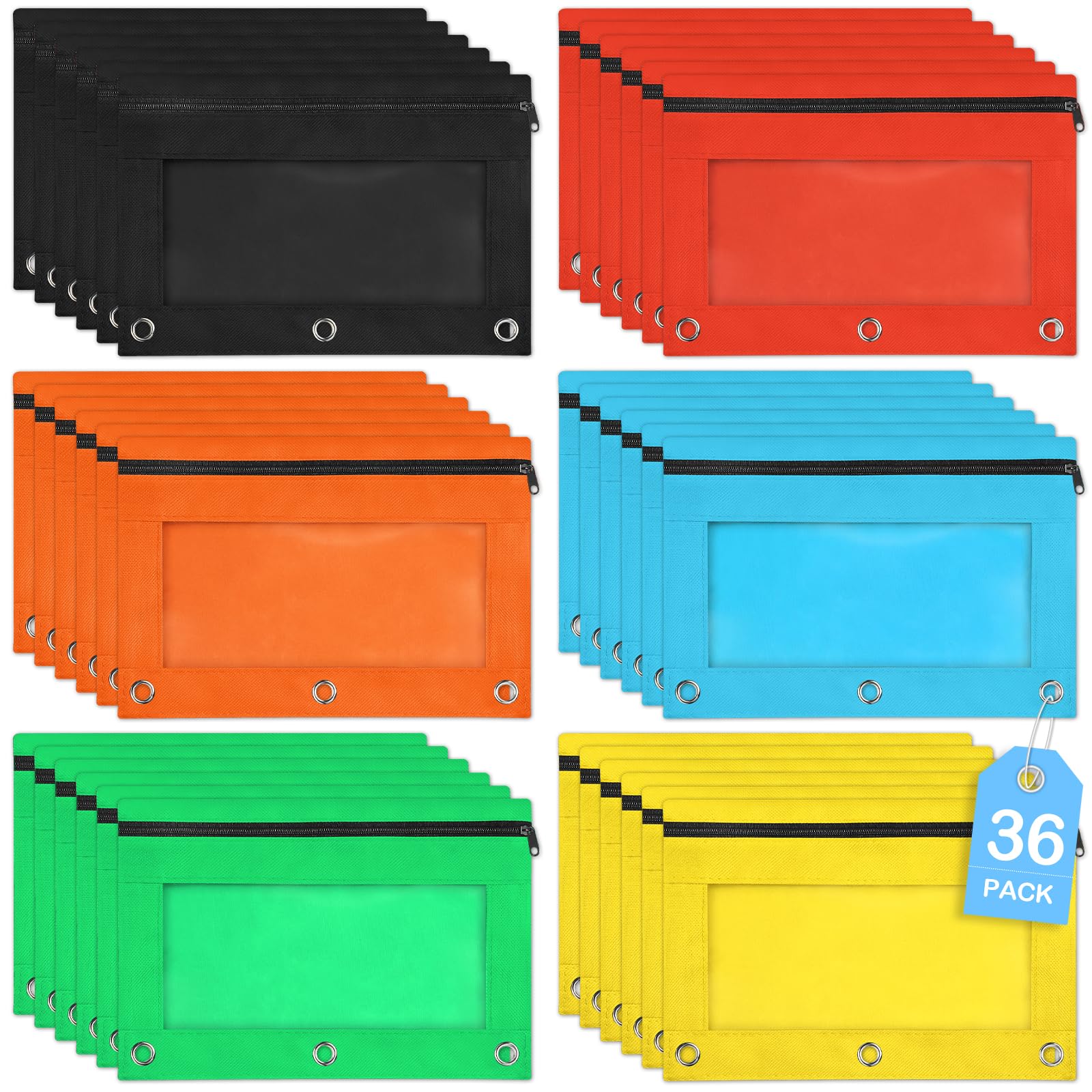 SpringFlower 36 Pack Pencil Pouch for 3 Ring Binder, Binder Pencil Pouch, Pencils Pouches for Binders with Smooth Zipper in 6 Assorted Colors for School, Office Supplies