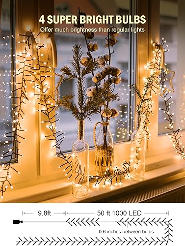 Miniatura 2 de Luces de Navidad para exteriores, 1000 luces LED, 50 pies, 4 unidades, brillantes, 8 modos de temporizador, control remoto, impermeable, enchufable,