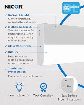 33 LED Direct Wire Under Cabinet Light - Undercounter LED Lights for Kitchen - Selectable CCT 2700K-5000K, 952-1008 Lumens, 14W - UCB Series Hardwired Under Cabinet Lighting by NICOR Lighting