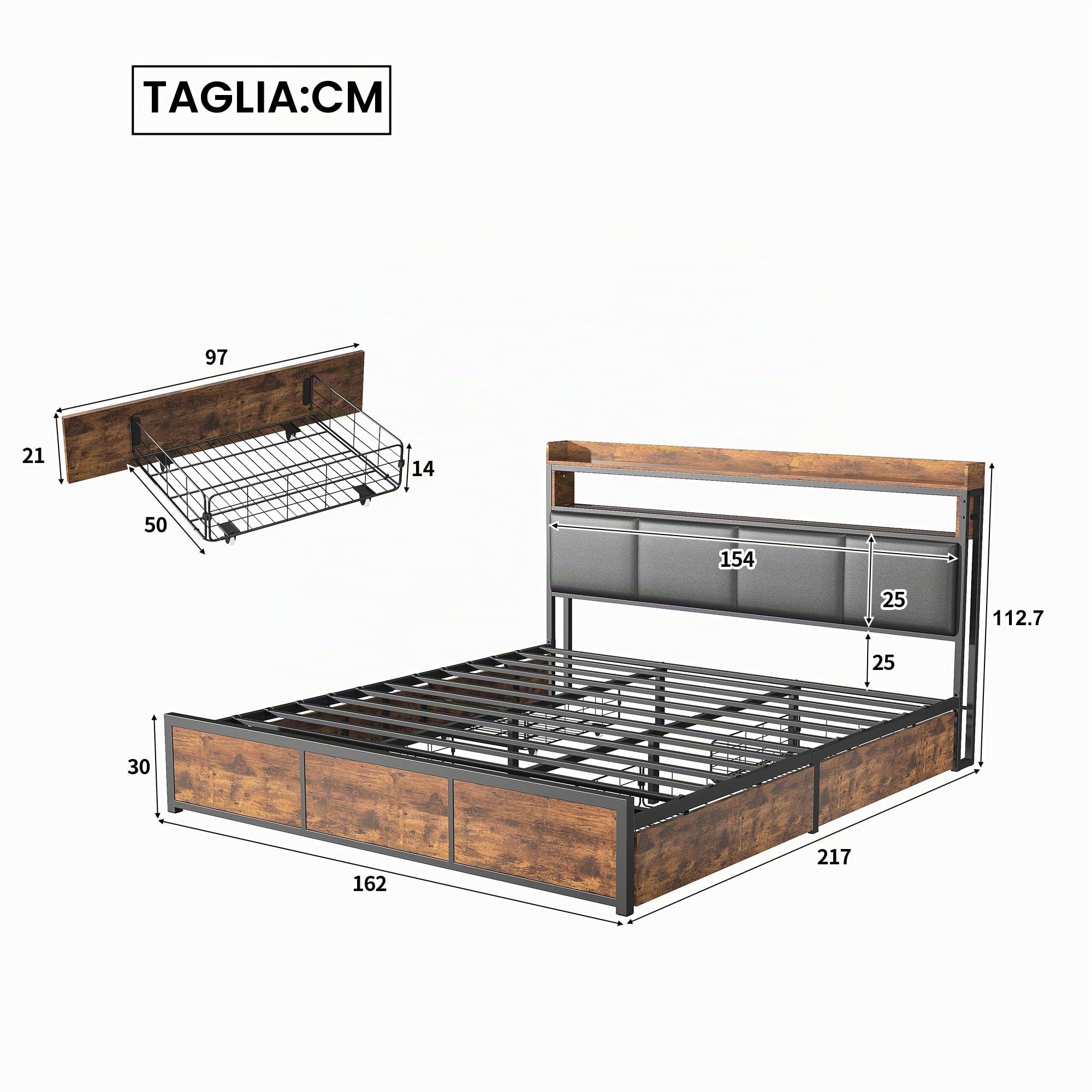KeepGoon Letto matrimoniale 160 x 200 cm, cassetto con luce LED e letto notturno in poliuretano con telaio in ferro, testiera con spazio di archiviazione, letto per riporre oggetti, colore nero opaco