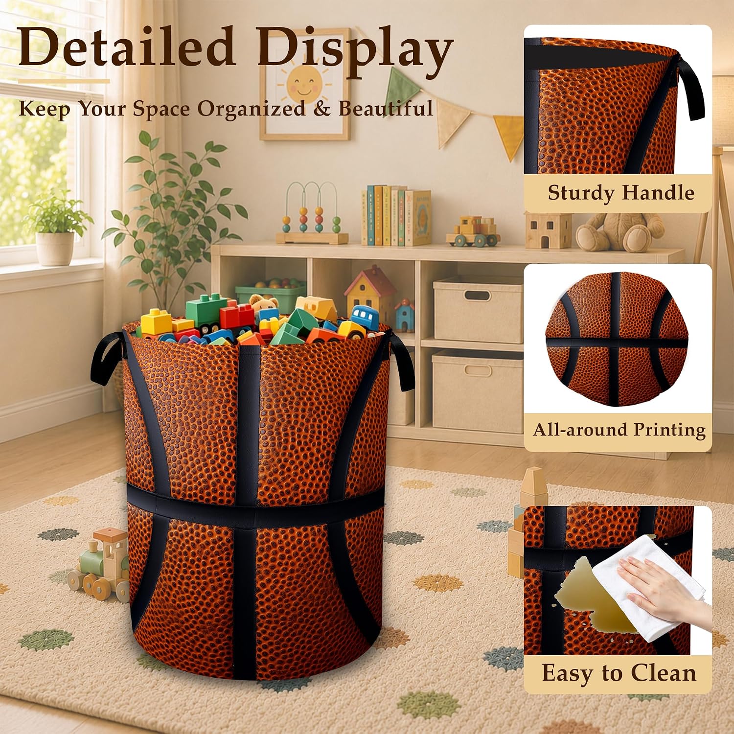 Basketball Texture Laundry Basket with Handles, Foldable Tall Oxford Clothes Hamper, Lightweight Water-Resistant Storage Bin for Bedroom Bathroom College Dorm, 16 x 20.8 Inch