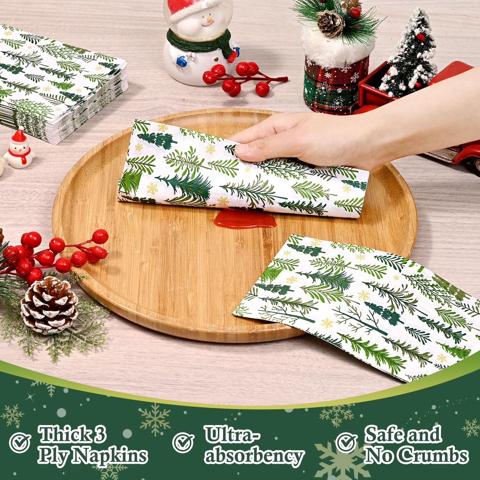 Homlouue 100 servilletas de Navidad desechables, 3 capas, color verde, con diseño de árboles de Navidad, servilletas de papel de Navidad para baño, servilletas de cena desechables para decoración de