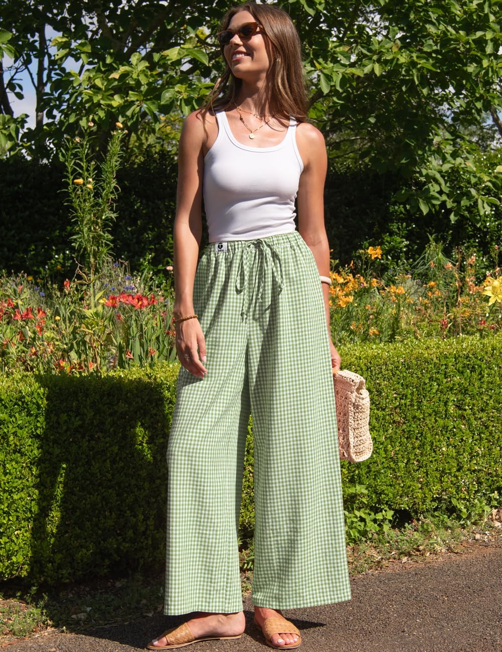 TARSE Womens Linen Striped Gingham Wide Leg Pants Palazzo Drawstring Lounge Pants Casual Trousers with Pockets - Image 3